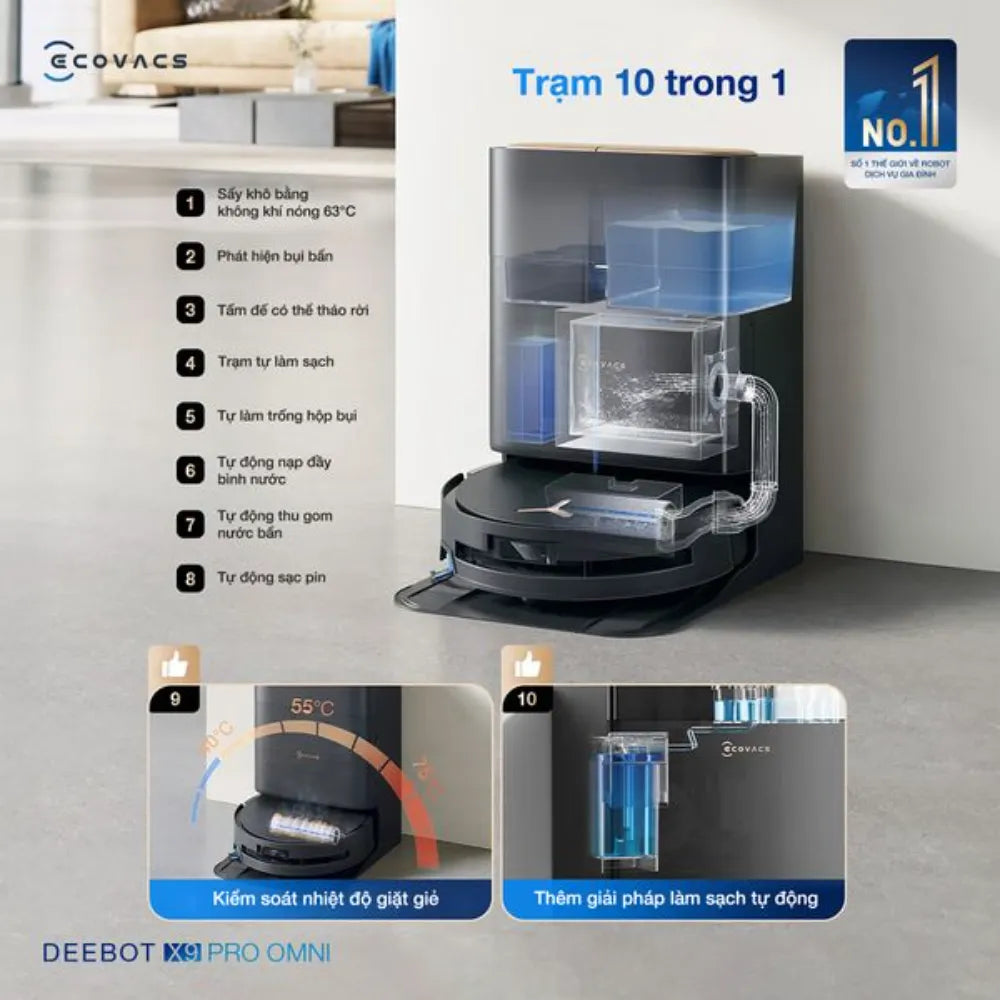 Robot hút bụi Ecovacs Deebot X9 Pro Omni tự động lau con lăn, giặt nước nóng 40-75°C