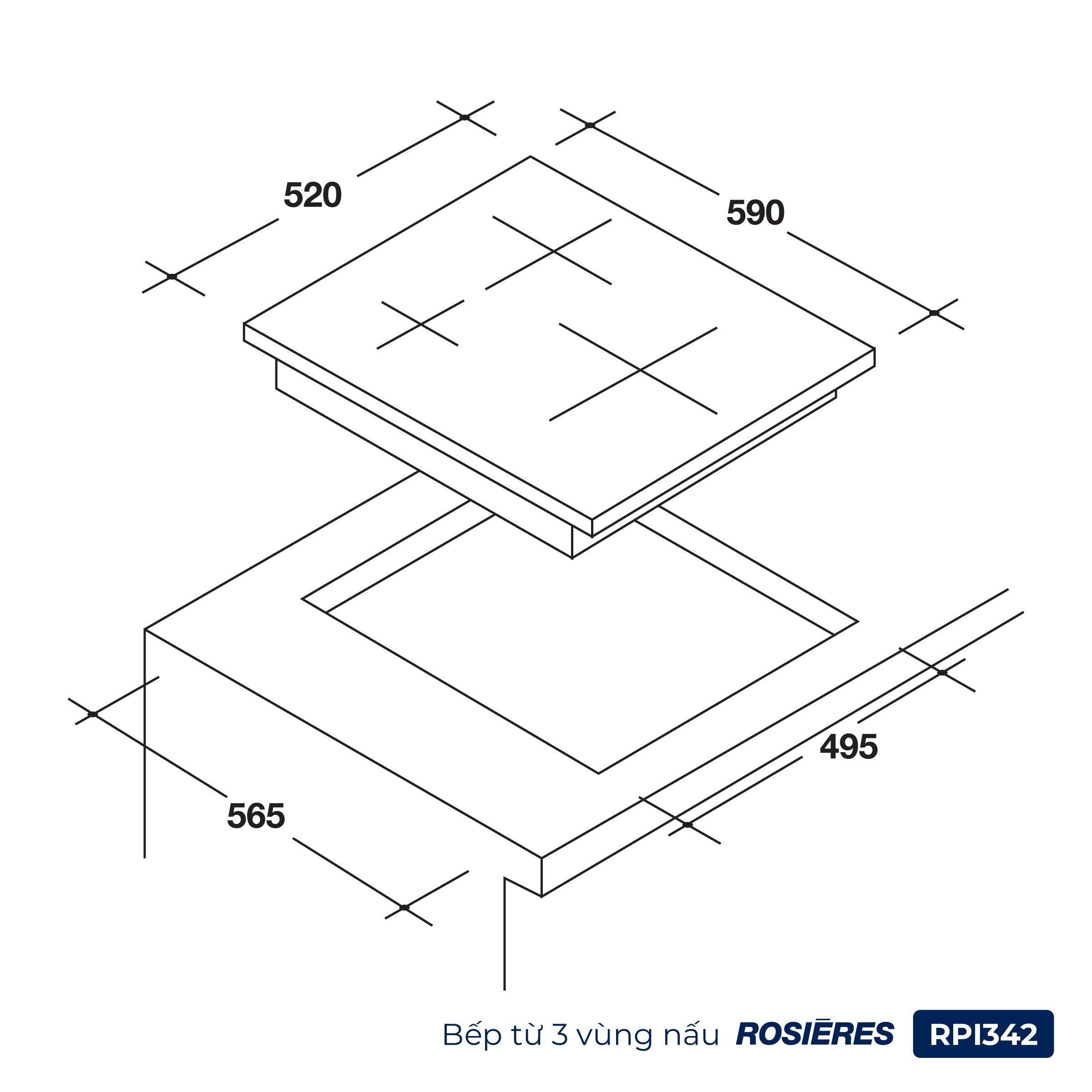 kích thước Bếp từ 3 vùng nấu Rosières RPI342