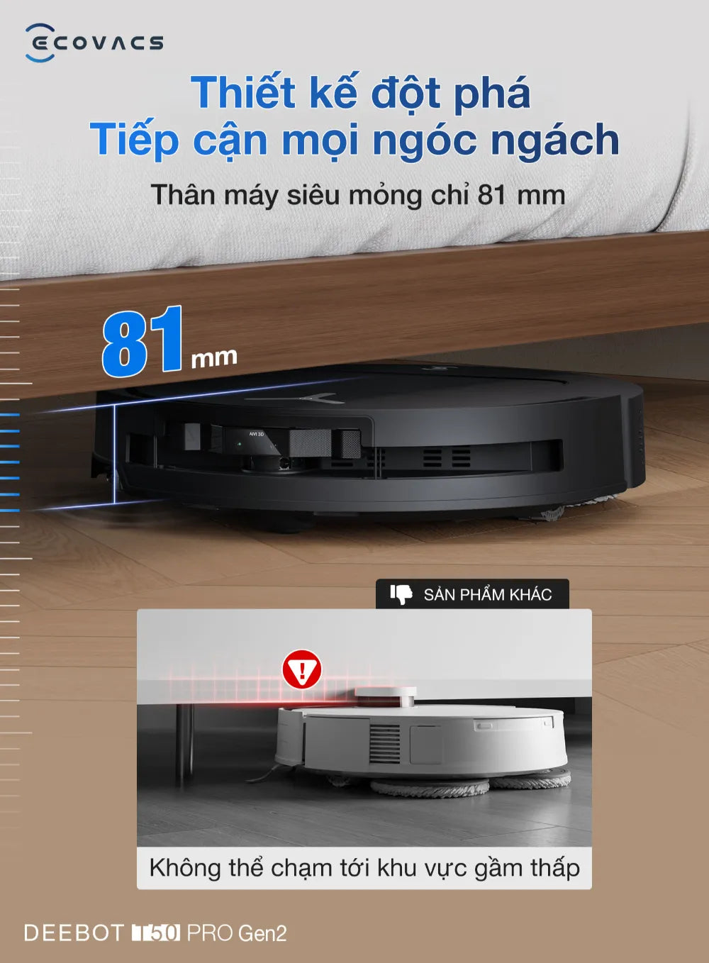 Robot hút bụi lau nhà Ecovacs DEEBOT T50 PRO OMNI Gen 2 thân máy mỏng