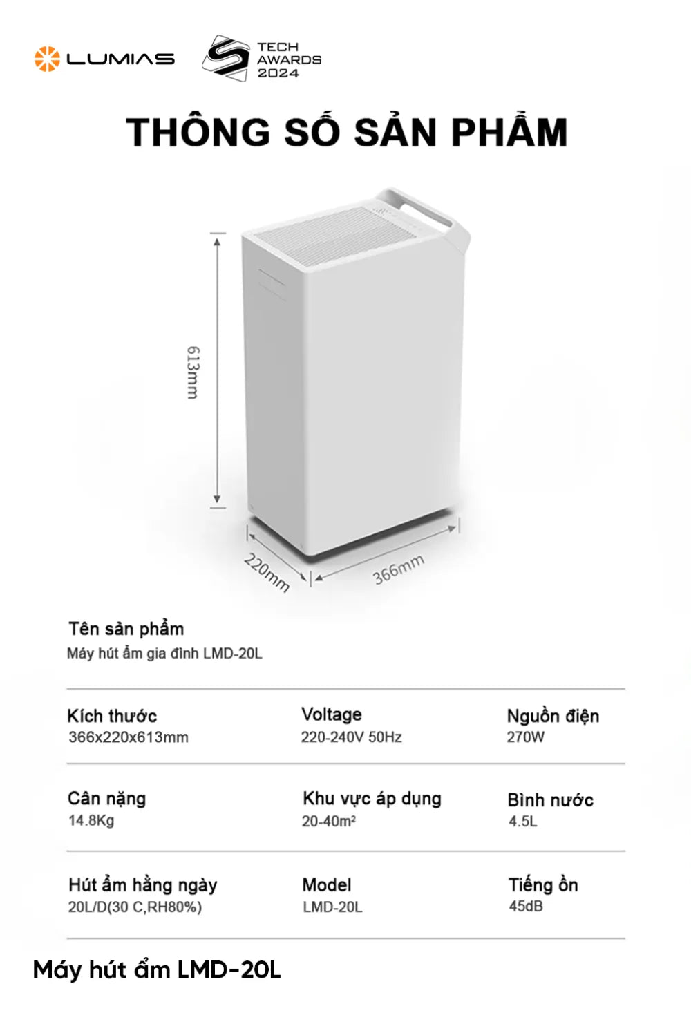thông số Máy hút ẩm Lumias LMD-20L