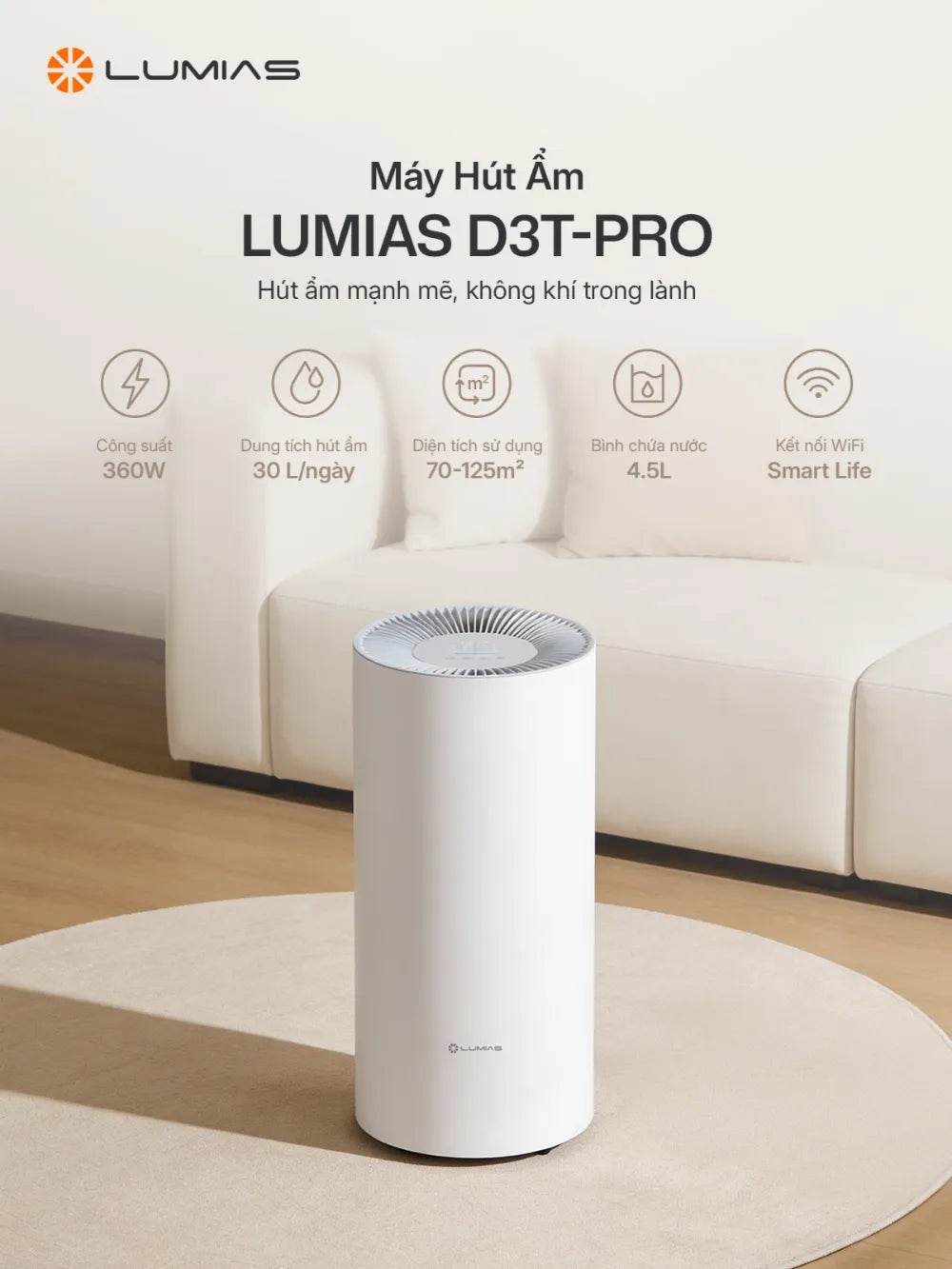 Máy hút ẩm Lumias D3T-PRO NEW - Hút ẩm 28 lít/ngày, điều khiển qua ứng dụng