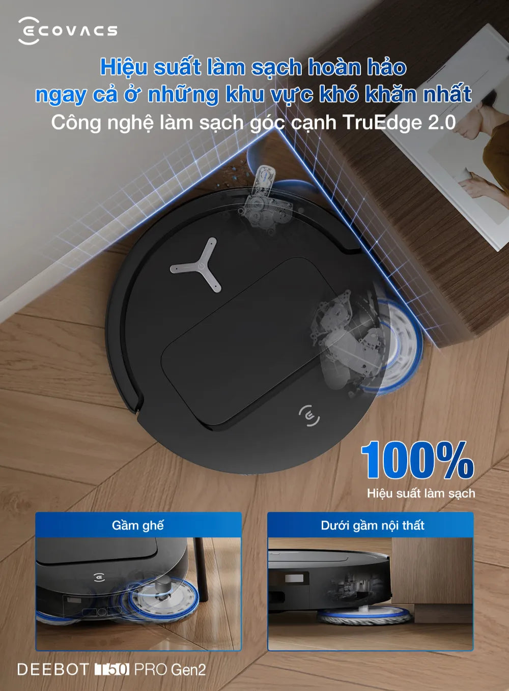 Robot hút bụi lau nhà Ecovacs DEEBOT T50 PRO OMNI Gen 2 làm sạch góc cạnh