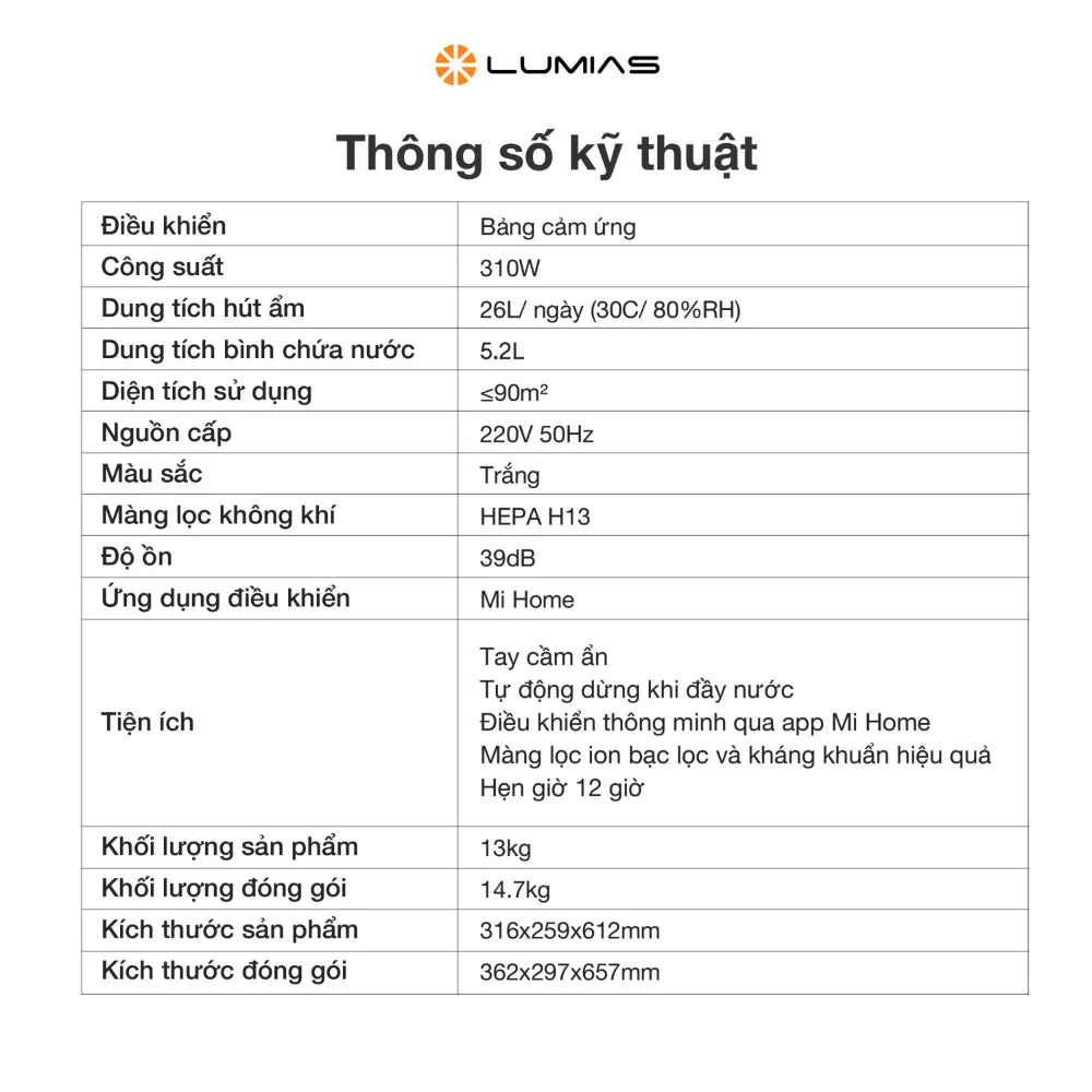 thông số kỹ thuật Máy hút ẩm kiêm lọc khí Lumias D6S-26L