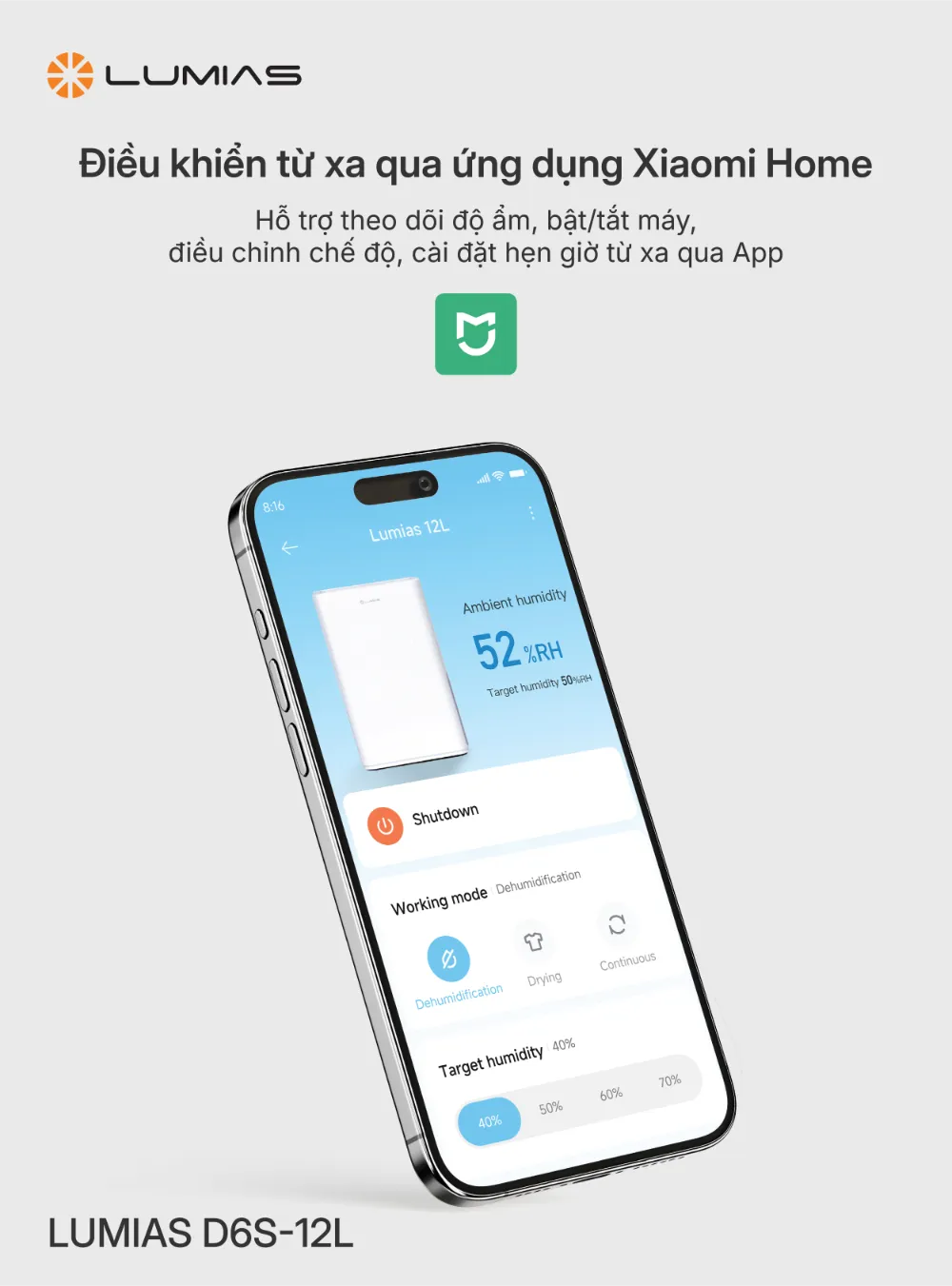 Máy hút ẩm Lumias D6S-12L điều khiển qua ứng dụng Xiaomi Hone