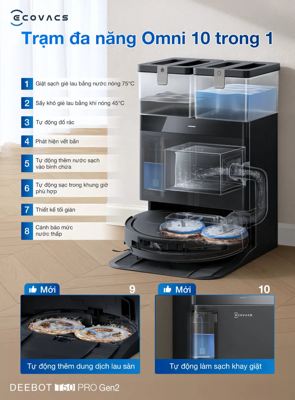 Robot hút bụi lau nhà Ecovacs DEEBOT T50 PRO OMNI Gen 2 trạm đa năng 