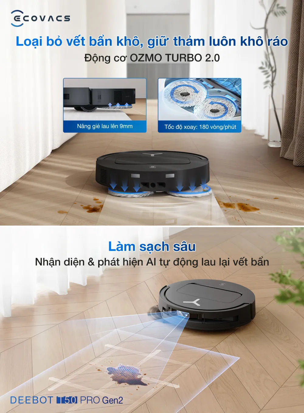 Robot hút bụi lau nhà Ecovacs DEEBOT T50 PRO OMNI Gen 2 loại bỏ vết bẩn trên thảm