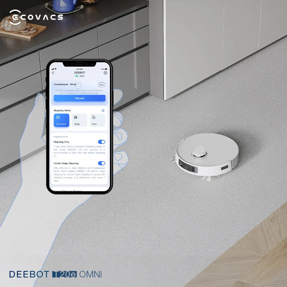 Deebot T20e Omni có lực hút 7.100 Pa, lau xoay, tự giặt giẻ, sấy khô, tự đổ bụi