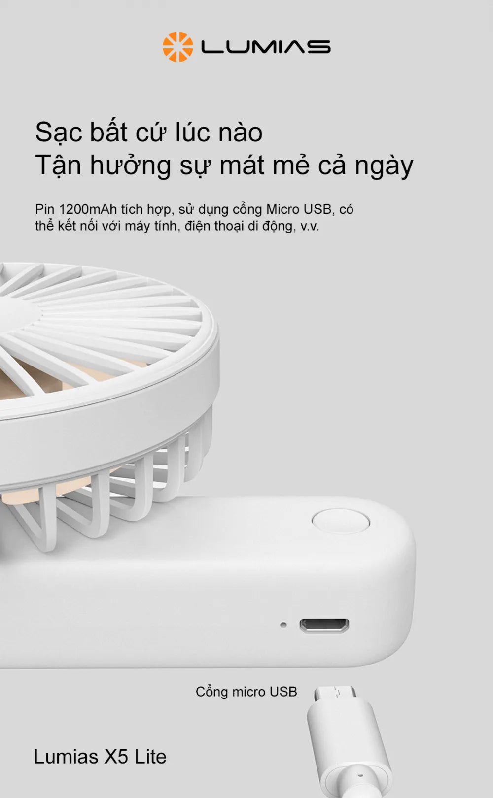 Quạt tích điện cầm tay Lumias X5 Lite là mẫu quạt cá nhân nhỏ gọn