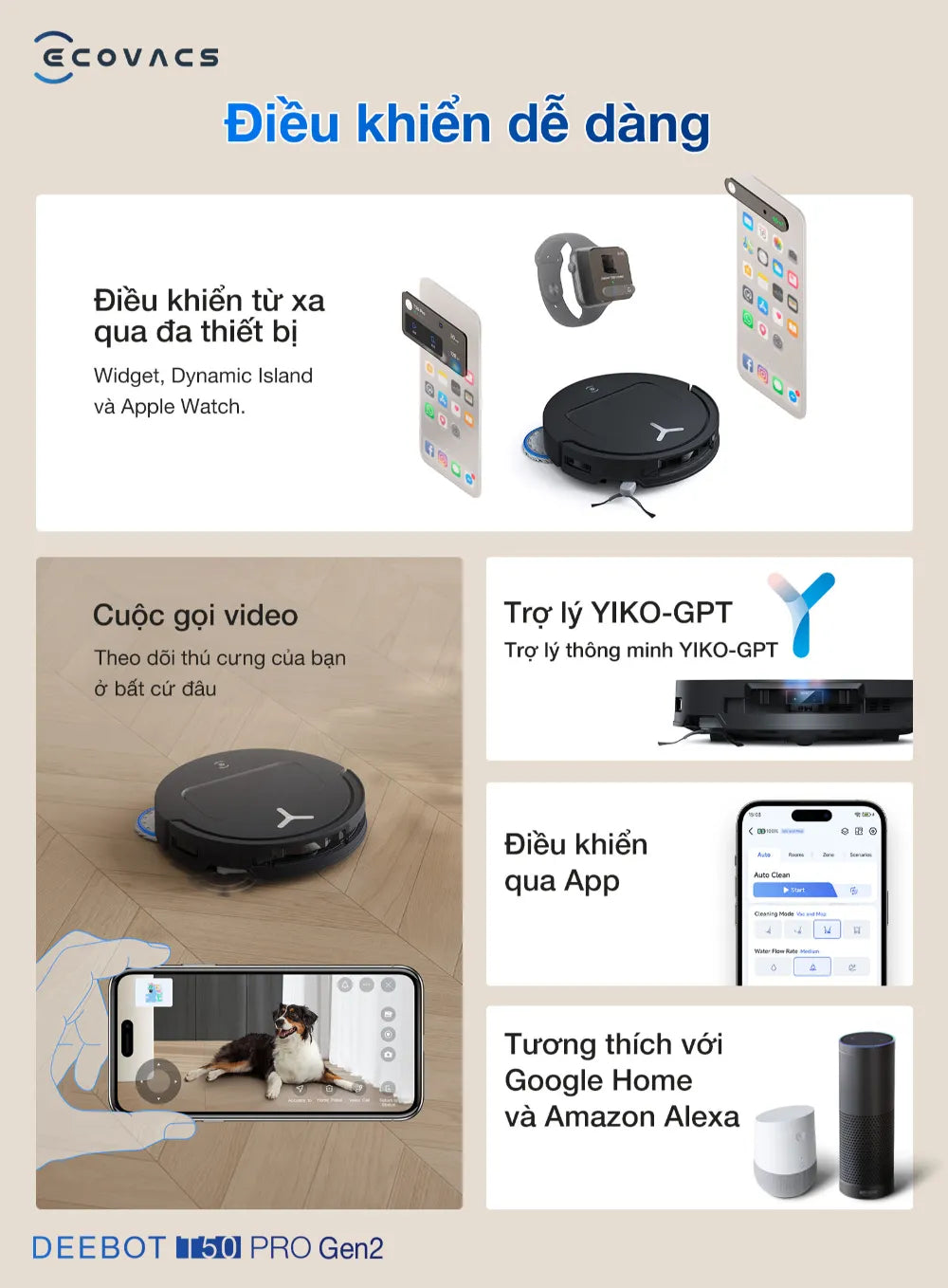 Robot hút bụi lau nhà Ecovacs DEEBOT T50 PRO OMNI Gen 2 điều khiển dễ dàng