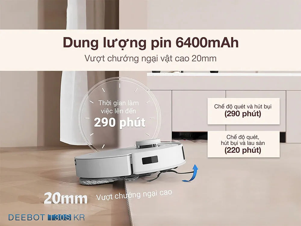 Robot hút bụi lau nhà Ecovacs Deebot T30S KR Dung lượng pin 6400mAh