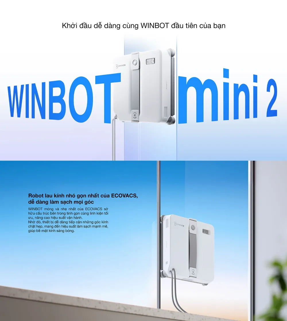 Ecovacs WINBOT MINI 2 là mẫu robot lau kính nhỏ gọn dành cho gia đình cần làm sạch cửa kính nhỏ