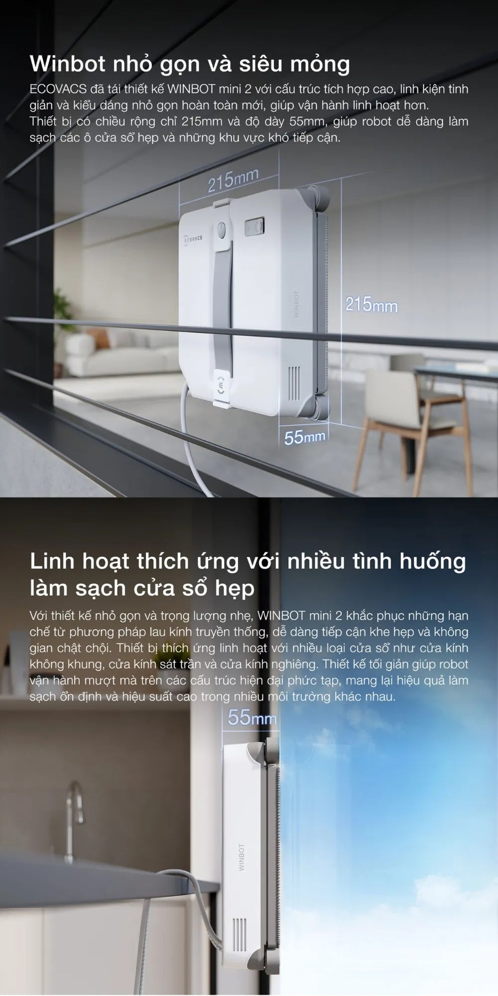 WINBOT MINI 2 có lực hút tối đa 8000Pa