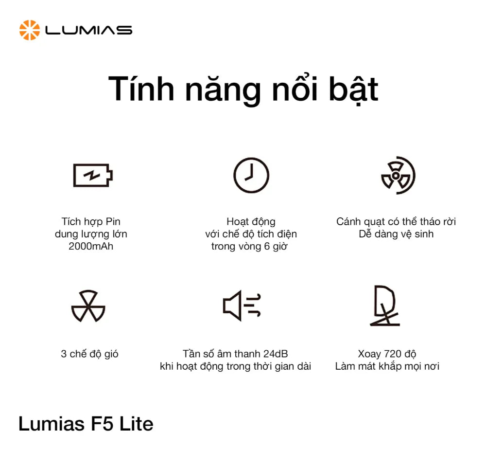 Quạt mini tích điện Lumias F5 Lite các tính năng nổi bật