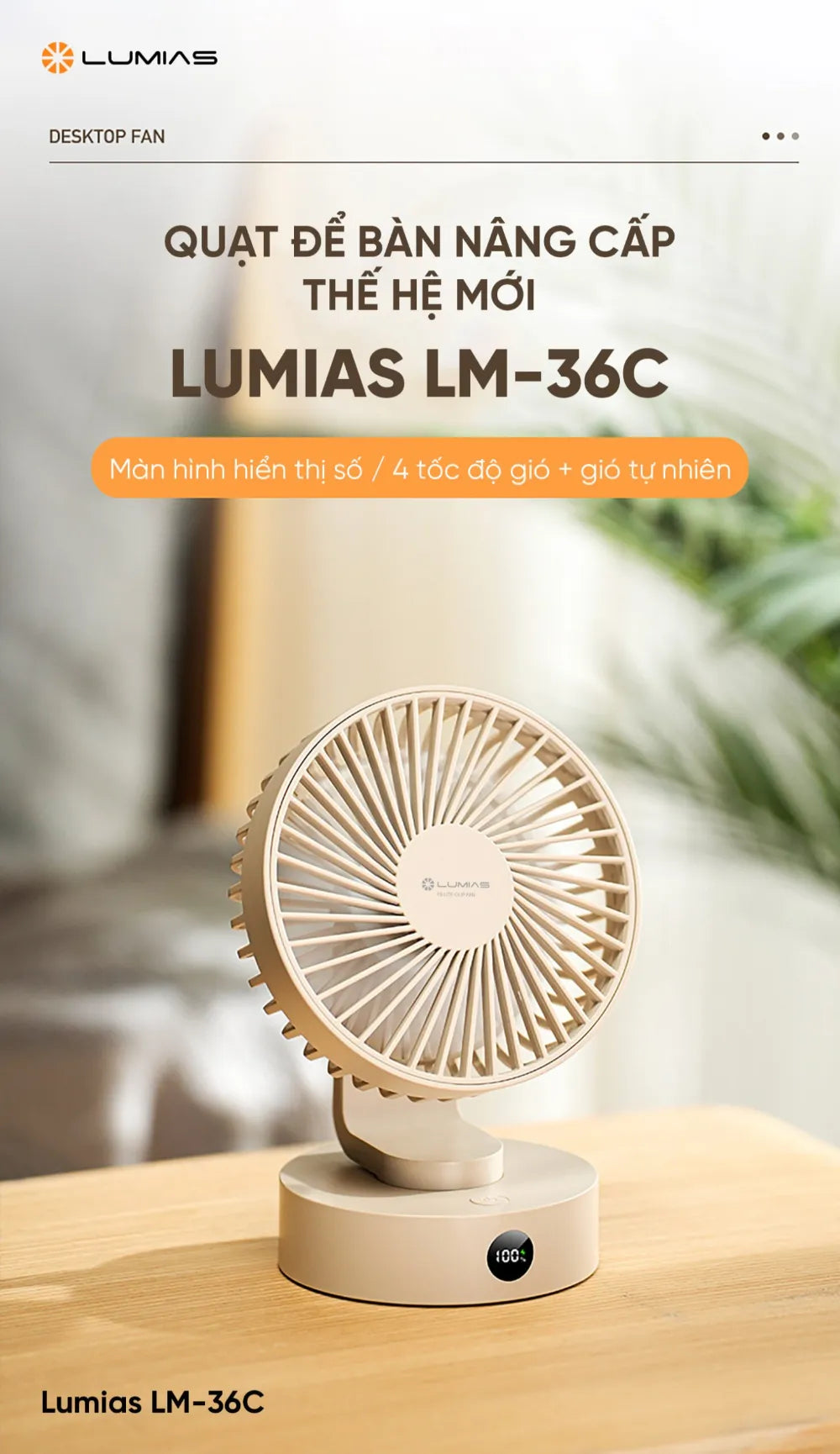 Quạt để bàn Lumias LM-36C đèn ngủ 2 mức sáng, cổng Type-C