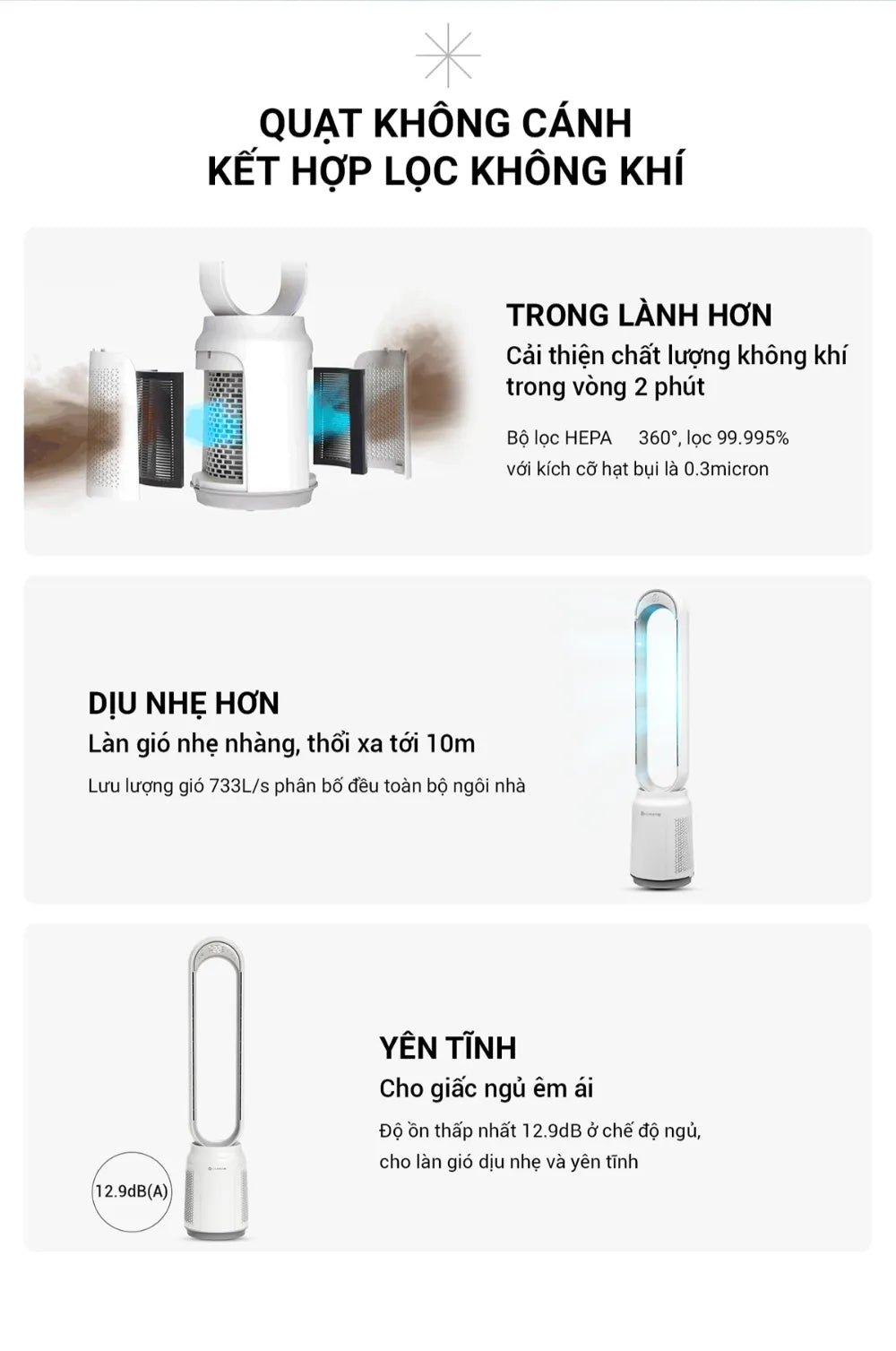 Quạt không cánh Lumias T08 Pro có lọc HEPA, vận hành êm 14.9dB