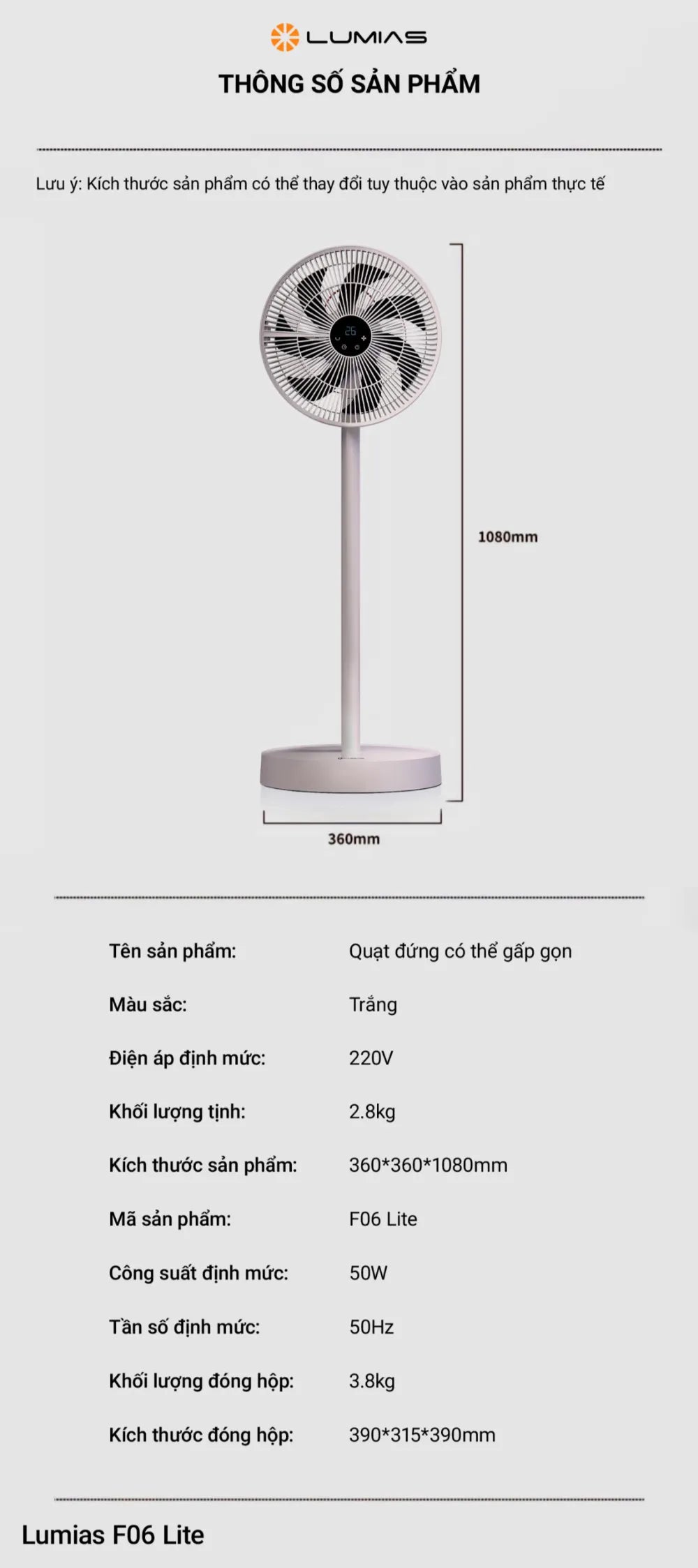 Thông số Quạt đứng có thể gấp gọn Lumias F06 Lite
