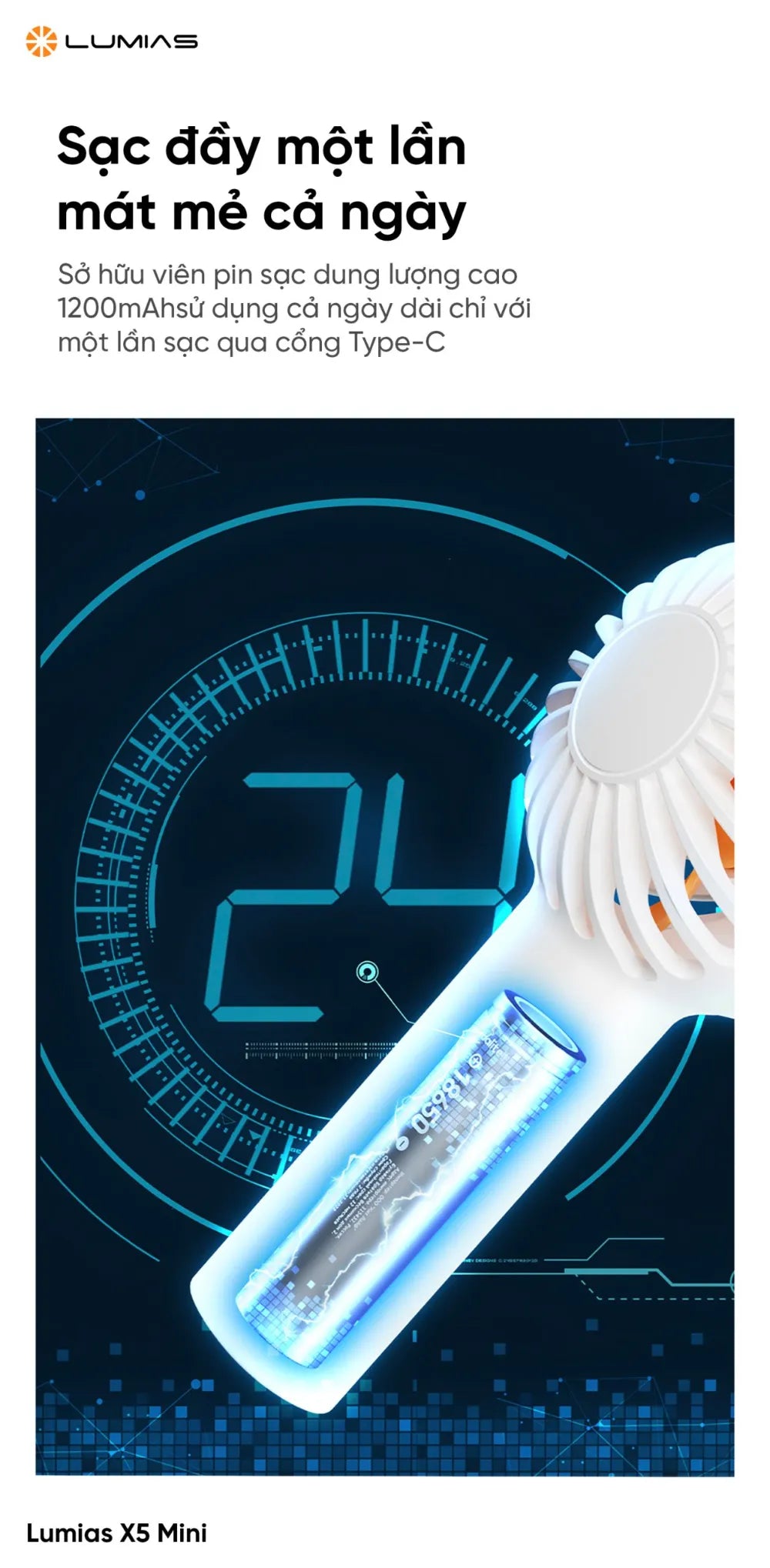 Quạt cầm tay Lumias X5 mini - Nhỏ gọn 86g, pin 1200mAh, 3 mức gió