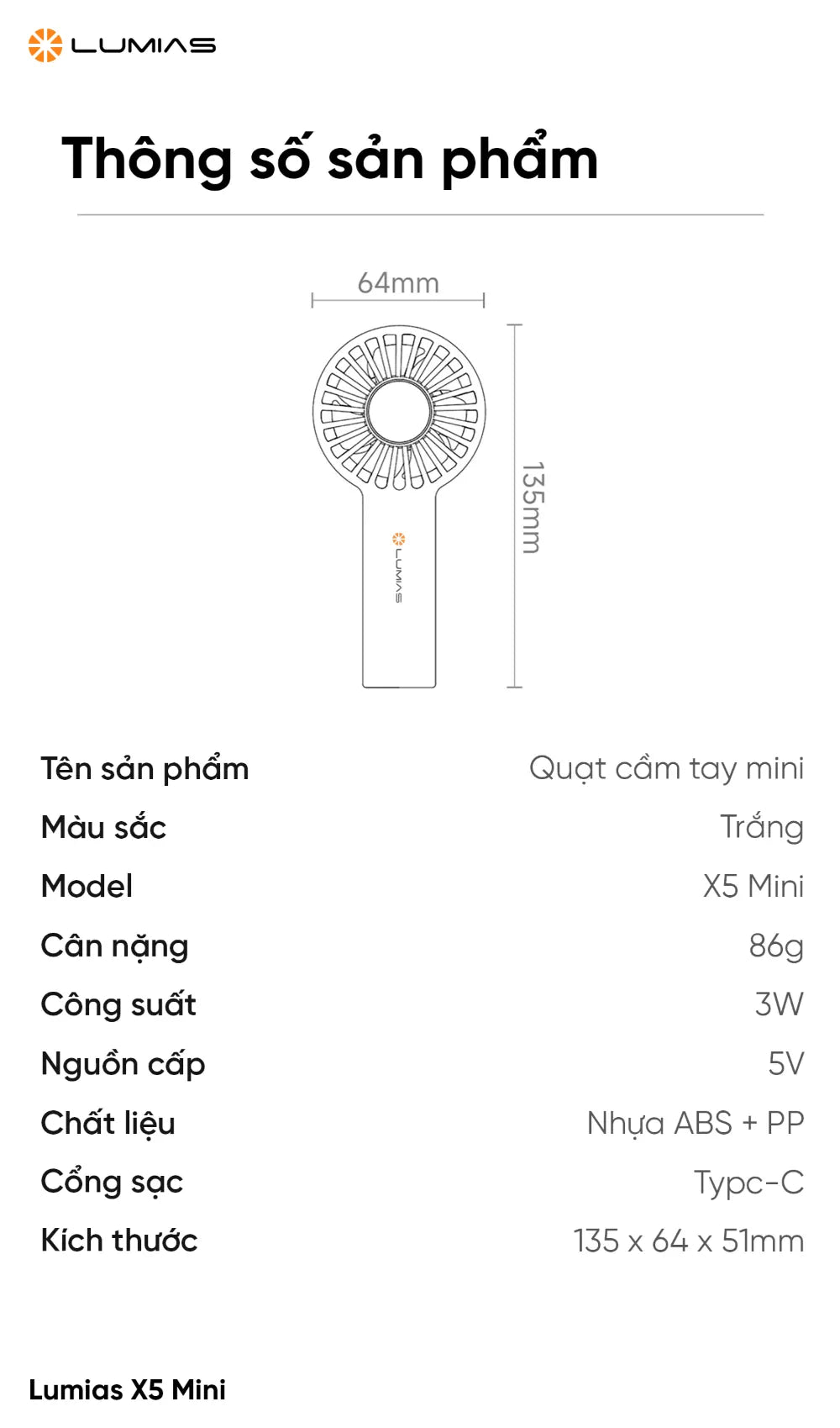 Thông số Quạt cầm tay Lumias X5 mini 