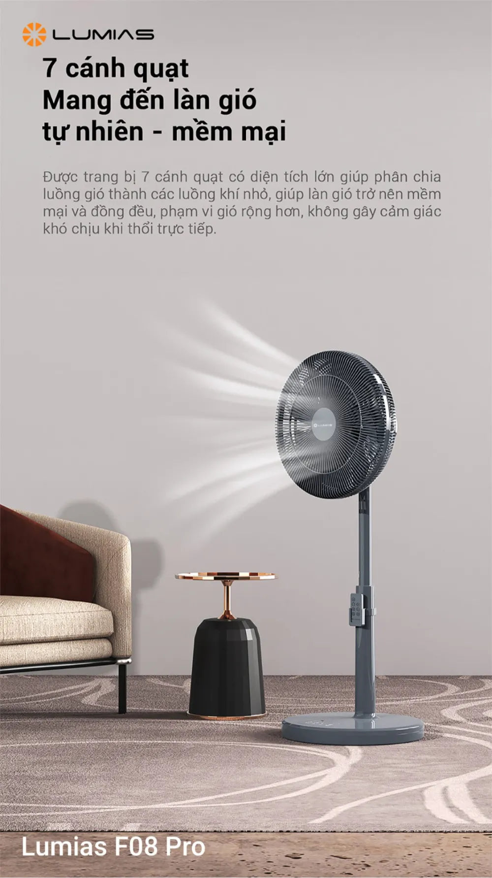 Quạt cây Lumias F08 Pro có động cơ êm 34dB