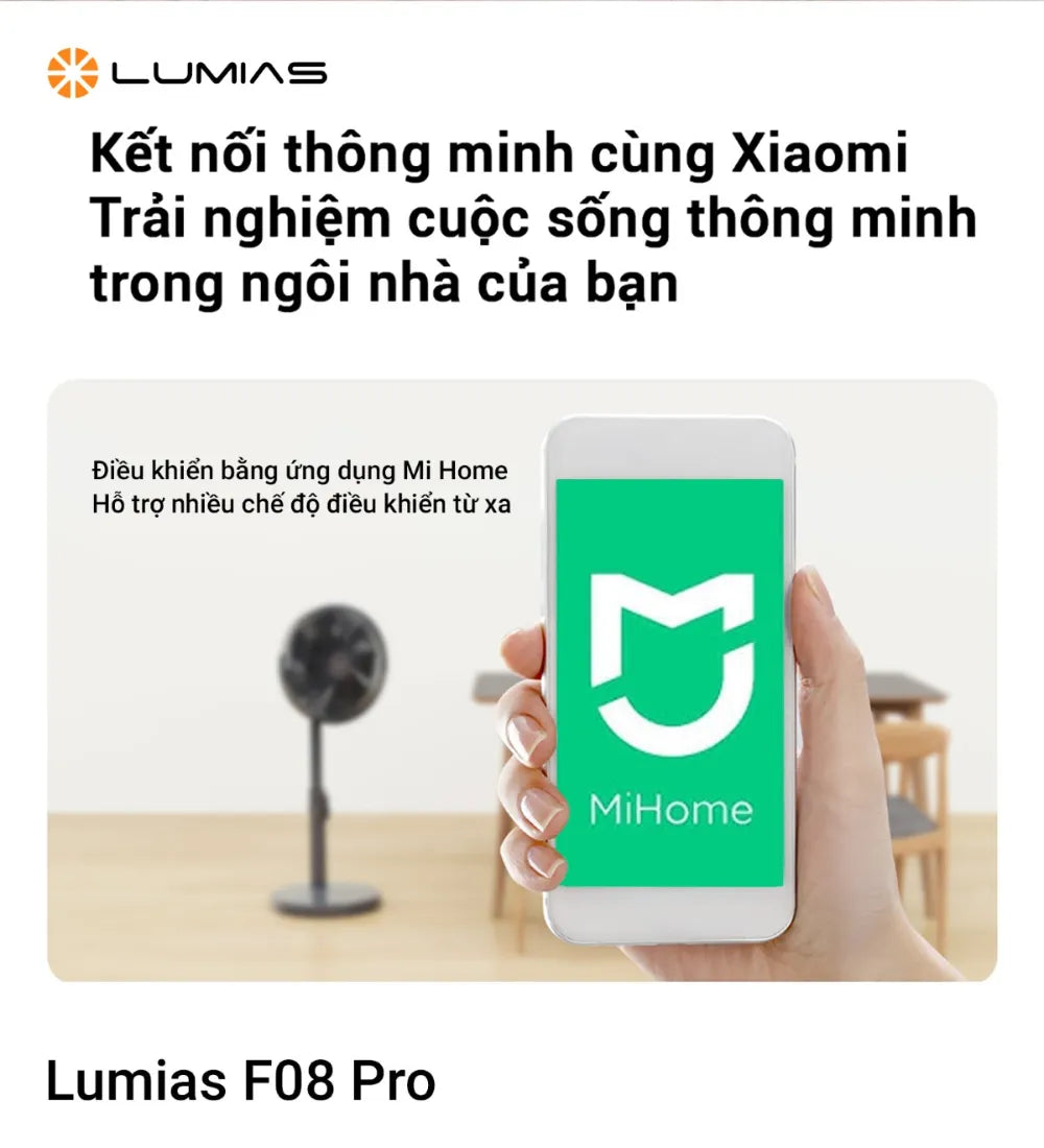  Quạt cây Lumias F08 Pro có công suất 28W, 7 cấp độ gió, góc quay 90°, động cơ êm 34dB, hẹn giờ 7h, điều khiển MiHome
