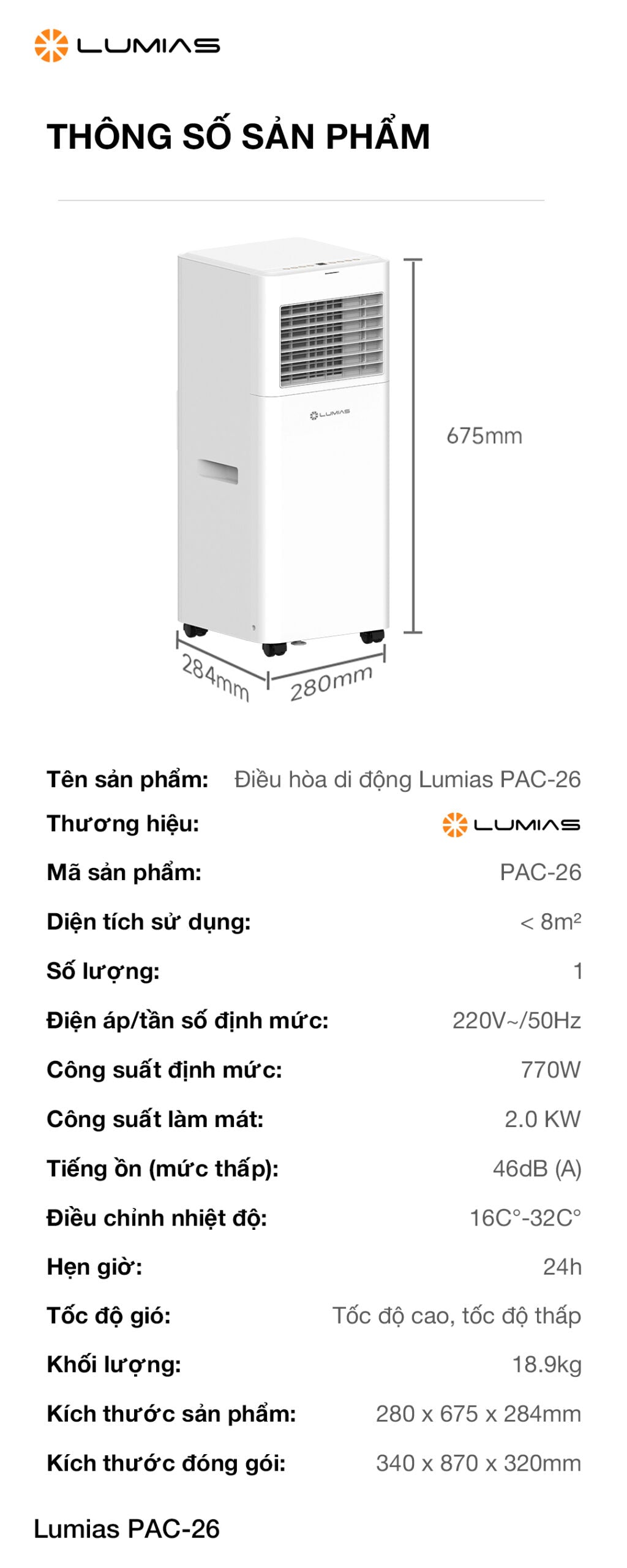 Thông số kỹ thuật Quạt điều hòa Lumias PAC-26