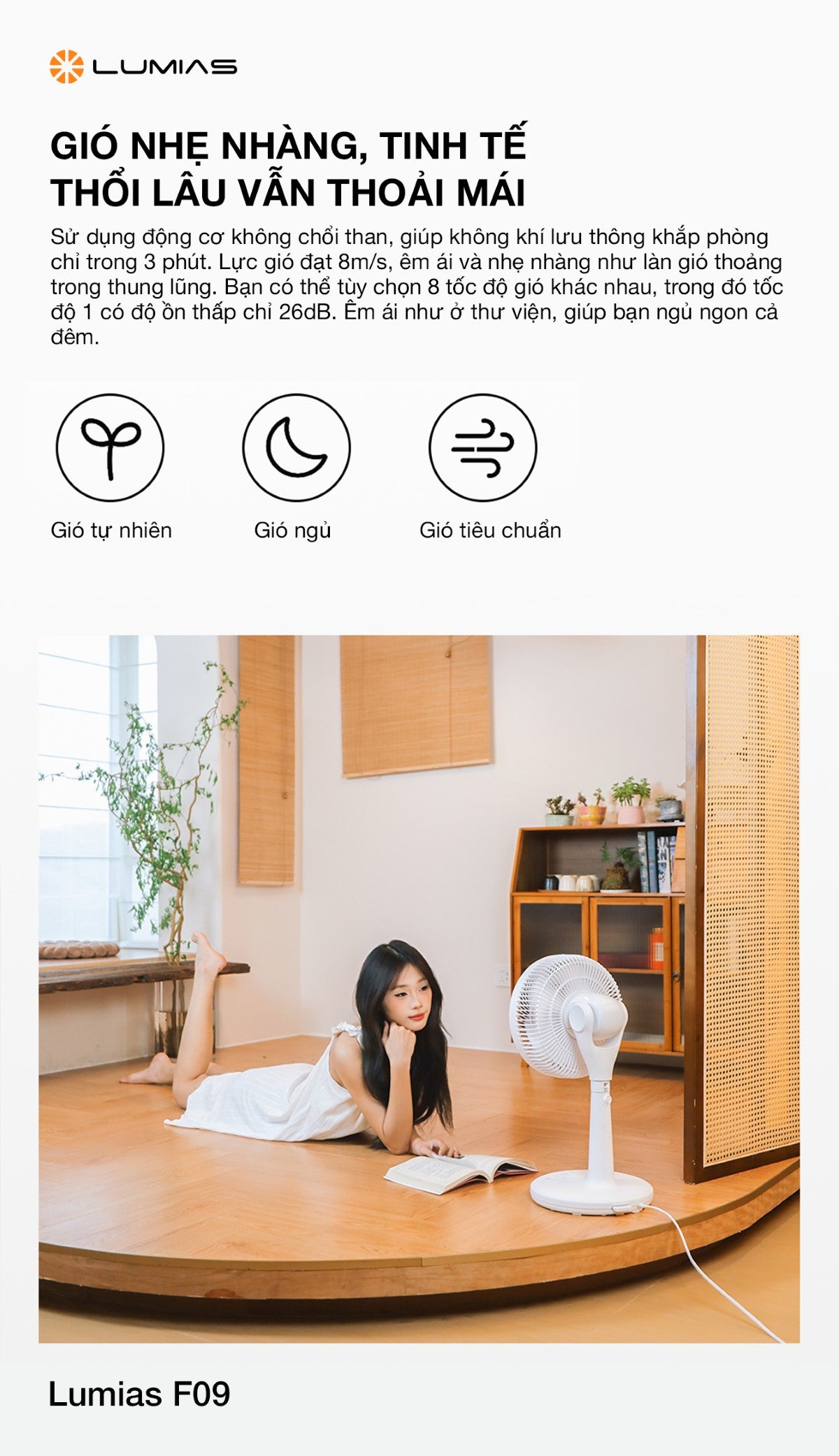 Quạt cây Lumias F09 - Xoay 360°, 8 cấp độ gió, làm mát đều không gian