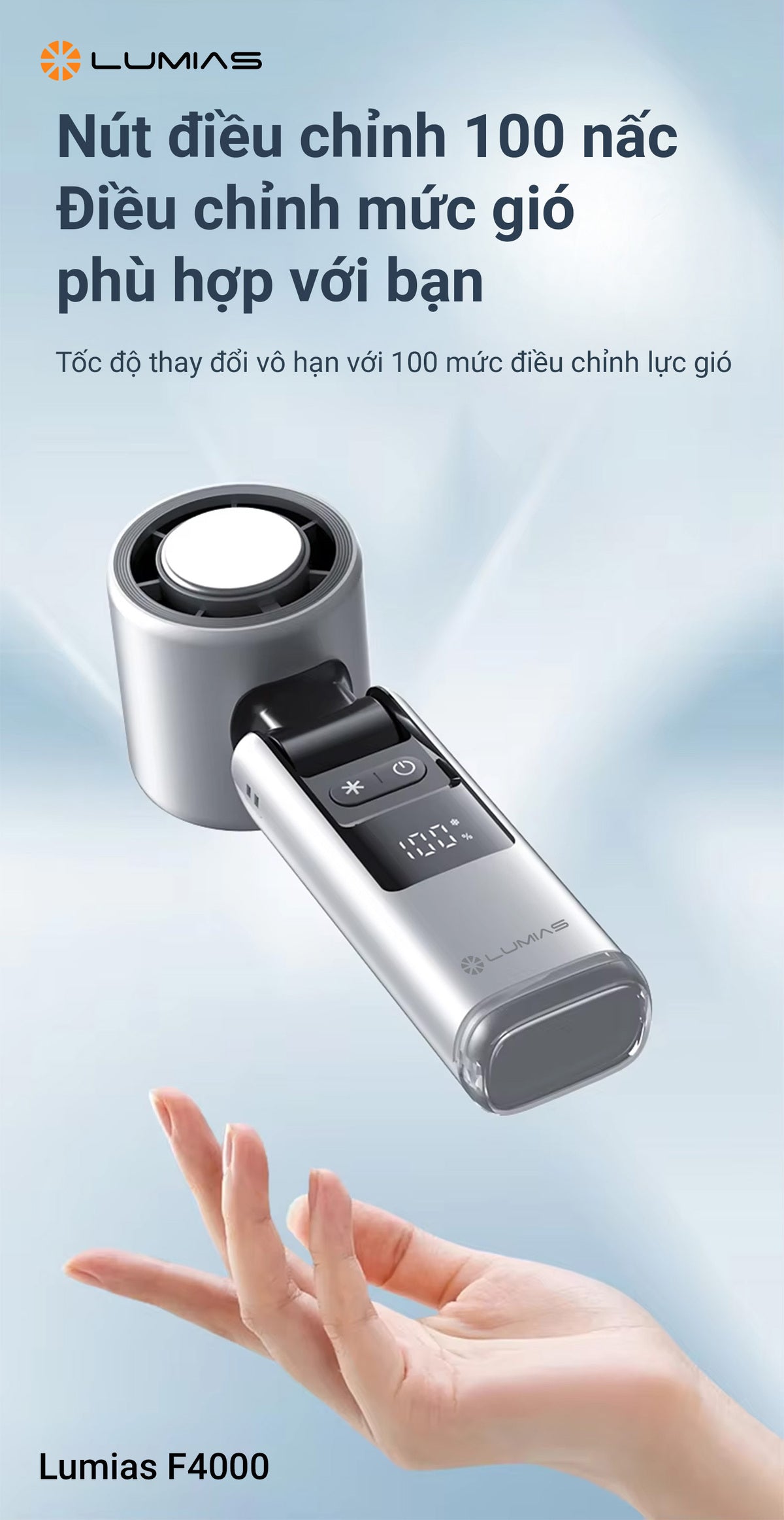 Quạt cầm tay Lumias F4000 | Pin 4000mAh, 100 tốc độ gió, dùng 2-6h