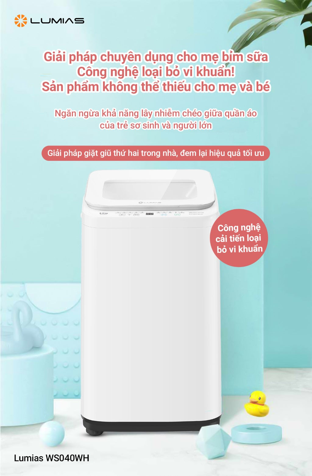 Máy giặt mini chức năng giặt nhiệt độ cao Lumias WS040WH giặt 3kg đồ ướt