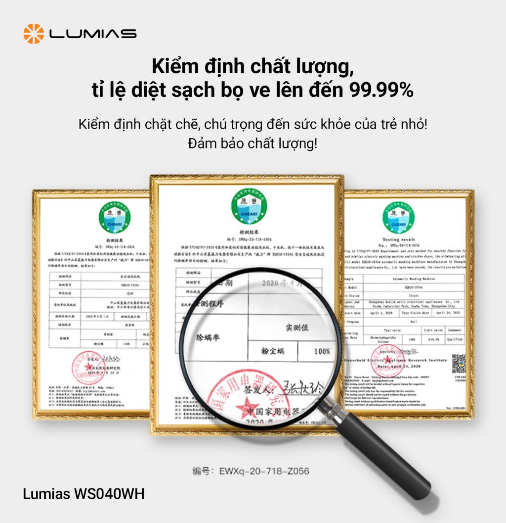 Máy giặt mini chức năng giặt nhiệt độ cao Lumias WS040WH kiểm định chất lượng diệt sạch bọ ve lên dến 99,99%