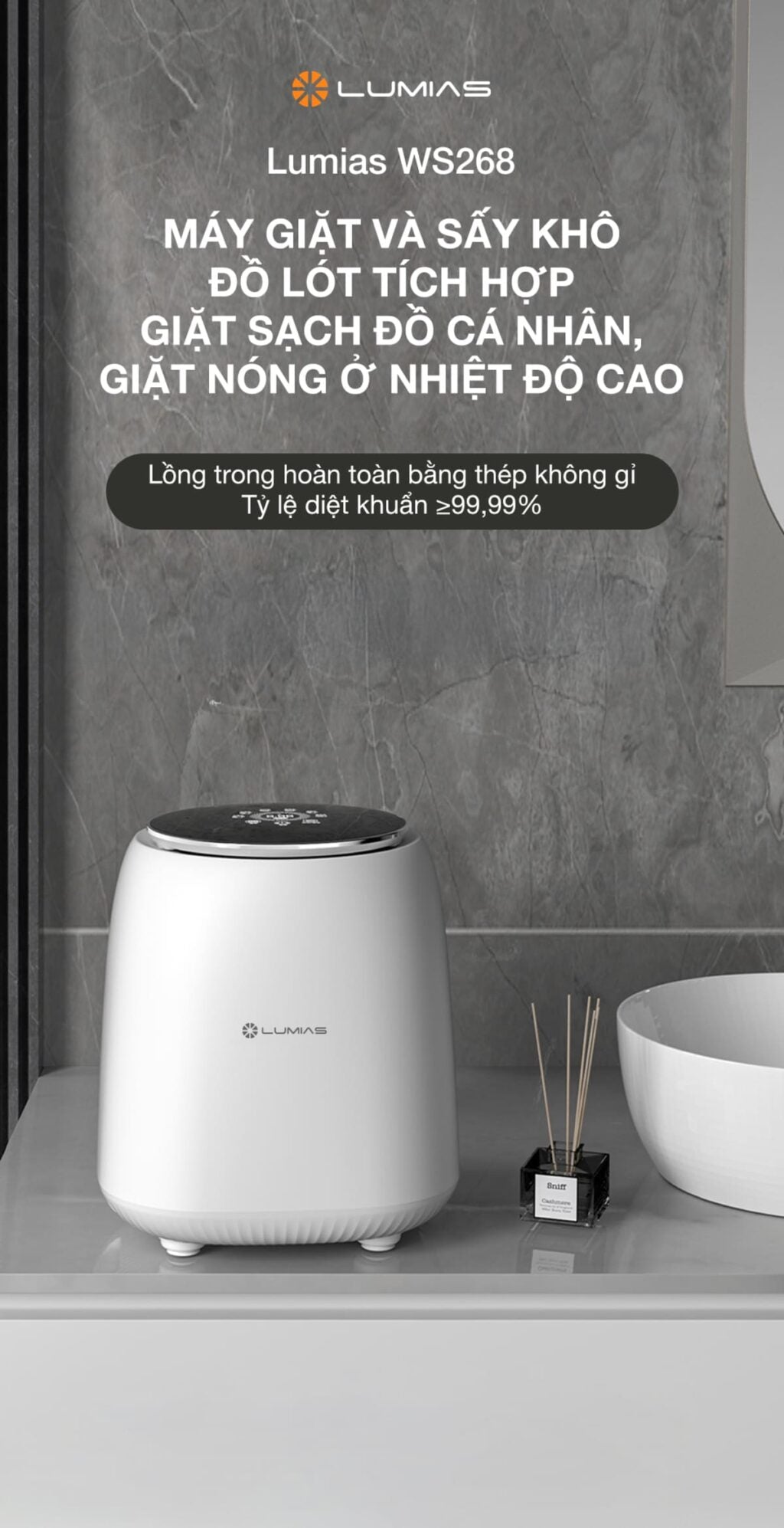 Máy giặt mini Lumias WS268 giặt nóng 45℃, xả nước nóng 95℃.