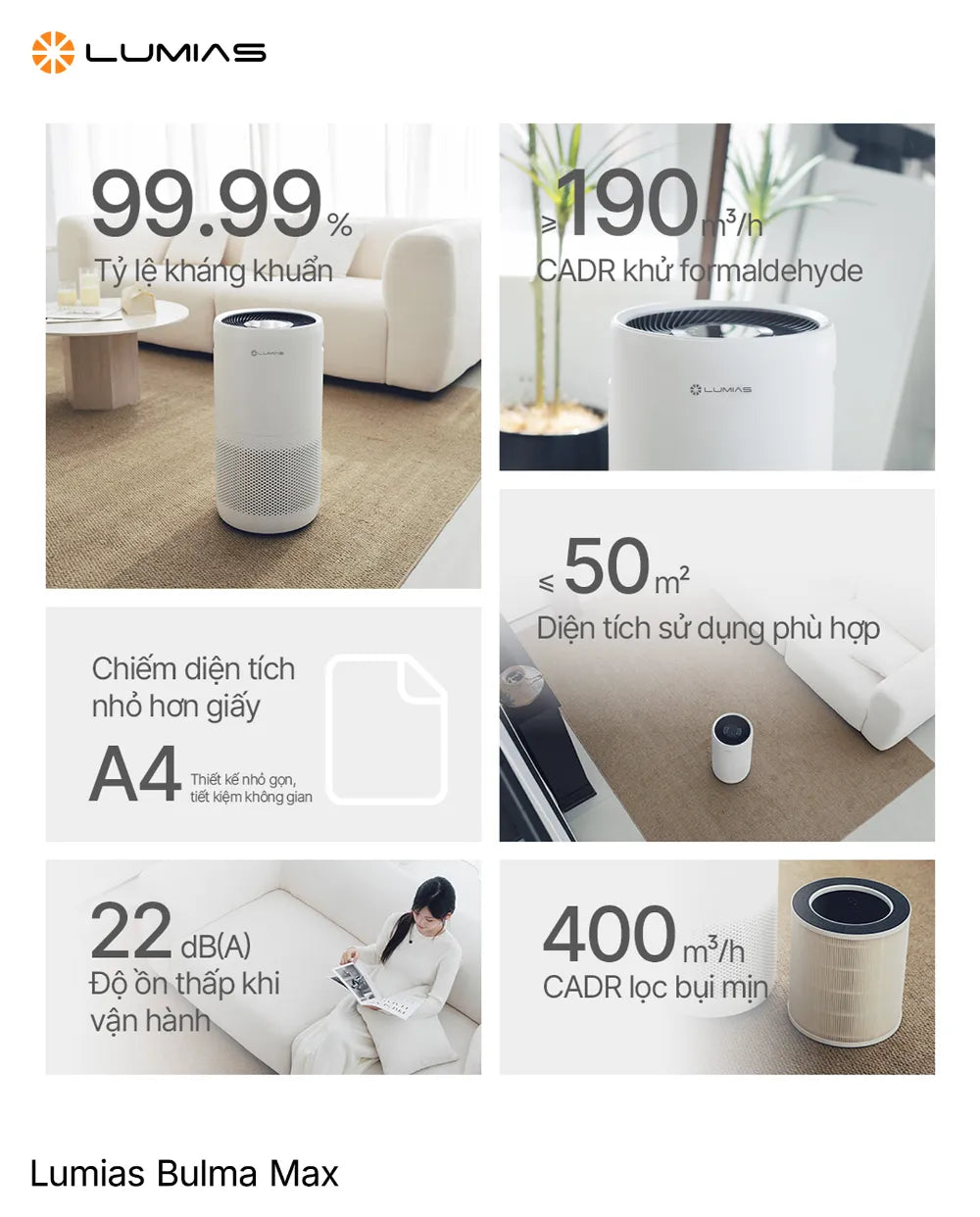 Máy lọc không khí Lumias Bulma Max lọc CADR bụi mịn 400m³/h