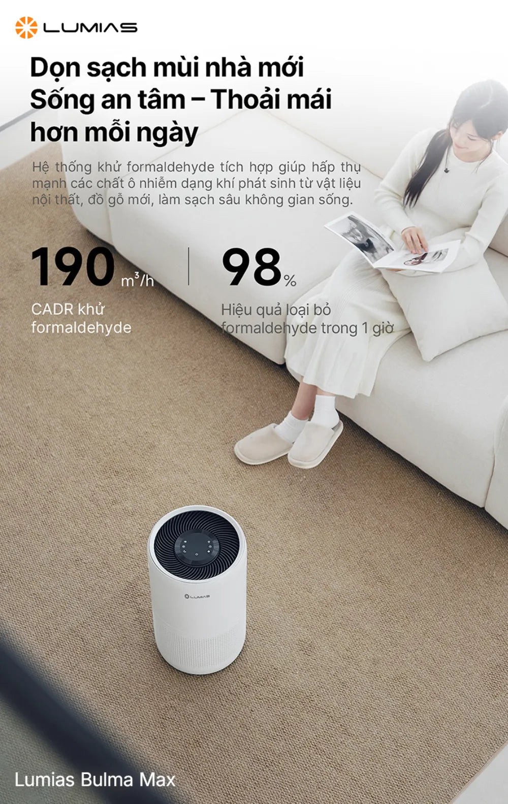 Máy lọc không khí Lumias Bulma Max độ ồn 22-47dB.