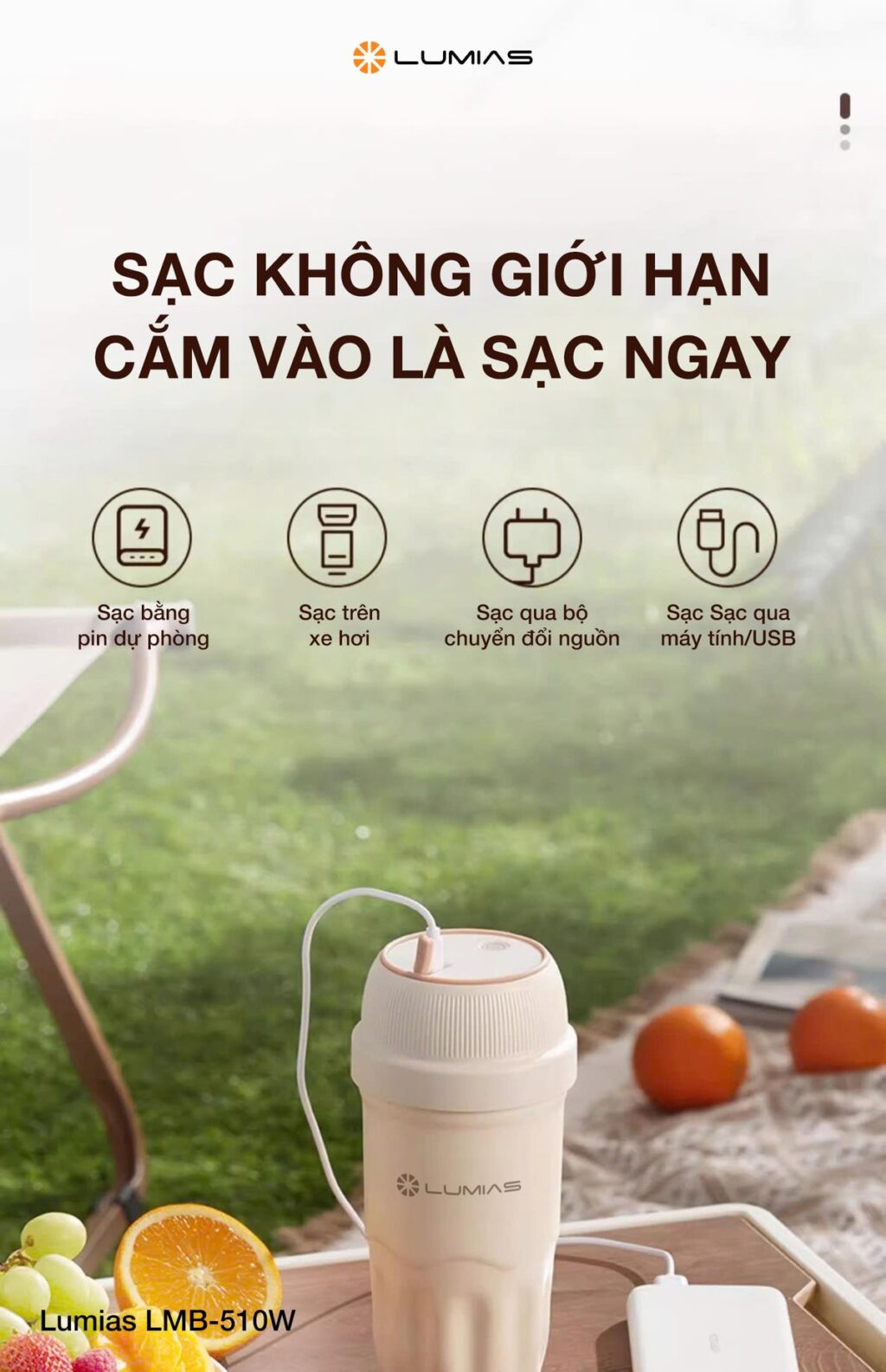 Máy xay sinh tố cầm tay Lumias LMB-510W cổng Type-C