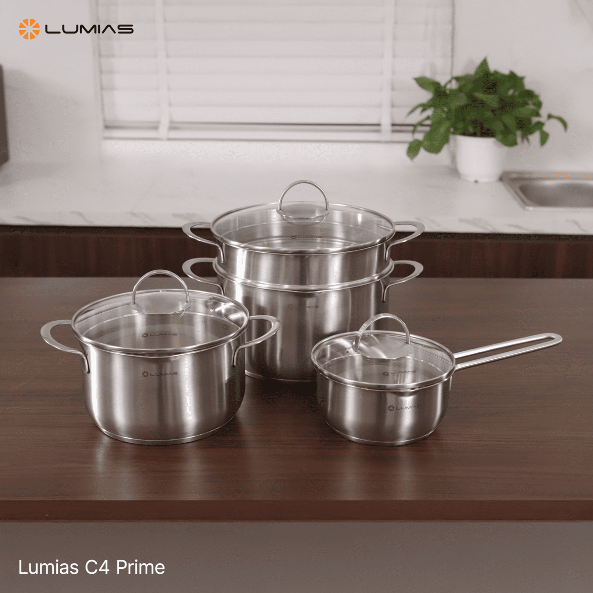 Bộ nồi xửng hấp inox Lumias C4 Prime dùng bếp ga, bếp từ.
