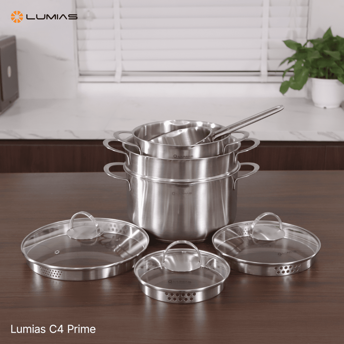 Bộ nồi xửng hấp inox Lumias C4 Prime nắp kính cường lực
