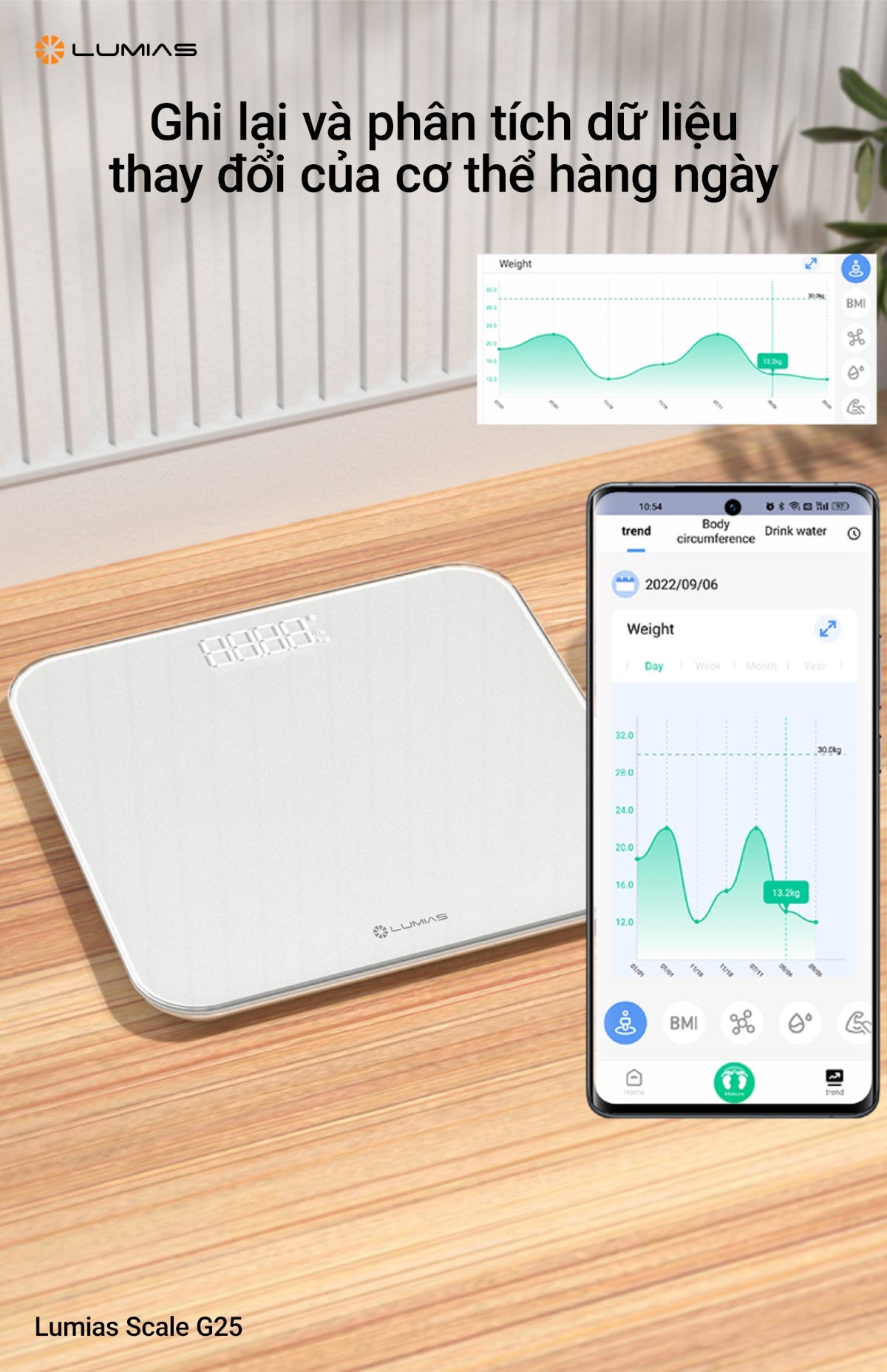Cân điện tử Lumias Scale G25 phù hợp với người cần theo dõi cân nặng và một số chỉ số cơ thể trong sinh hoạt hằng ngày.