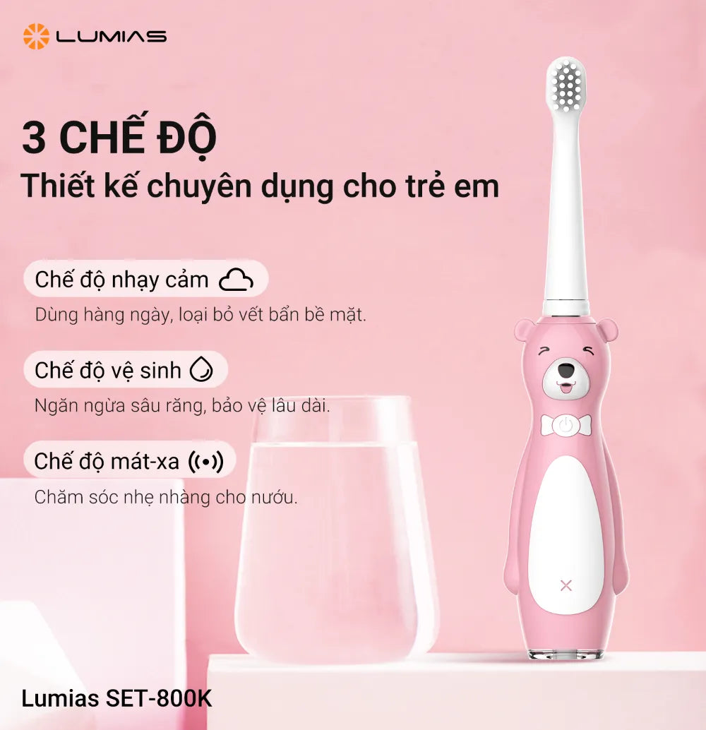 Bàn chải điện cho trẻ em 3-12 tuổi Lumias SET-800KP/SET-800KB - 3 chế độ làm sạch