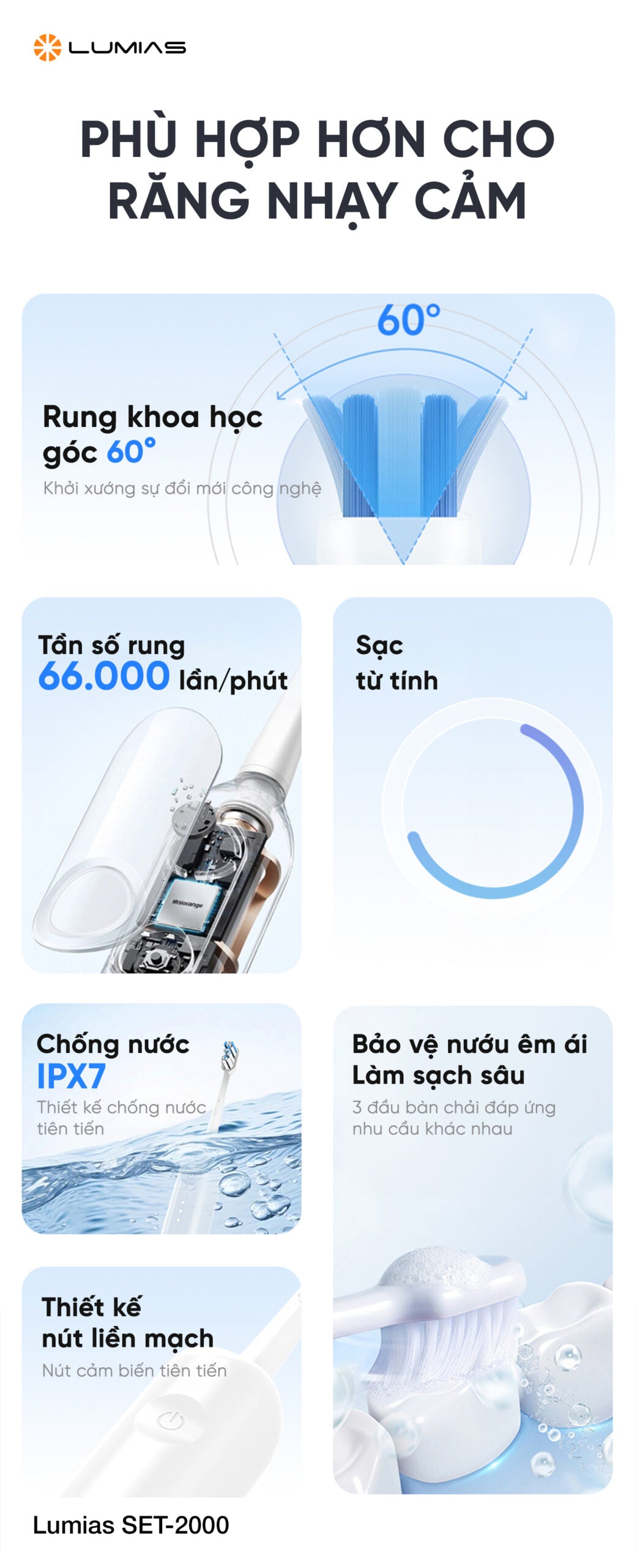 Bàn chải điện Lumias SET-2000 chống nước IPX7, sạc từ tính.