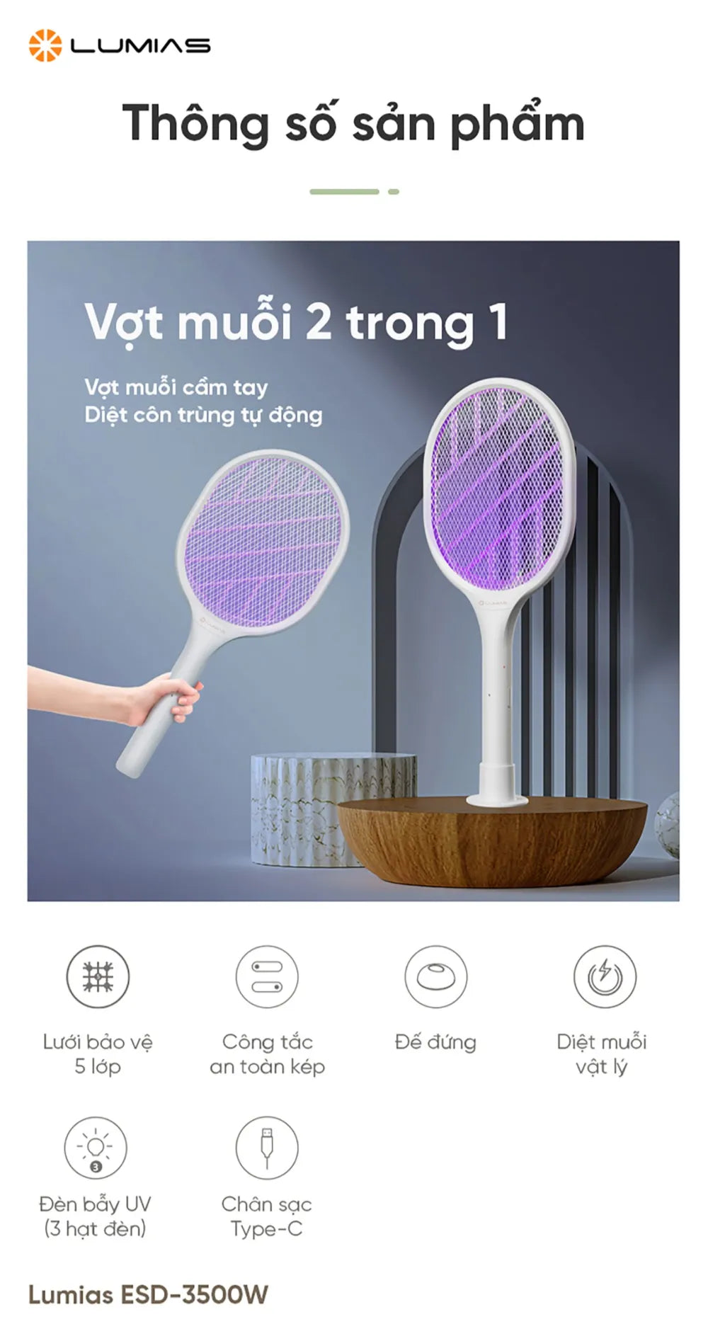 Vợt muỗi Lumias ESD-3500W điện áp 3500V, 3 đèn UV hỗ trợ thu hút muỗi