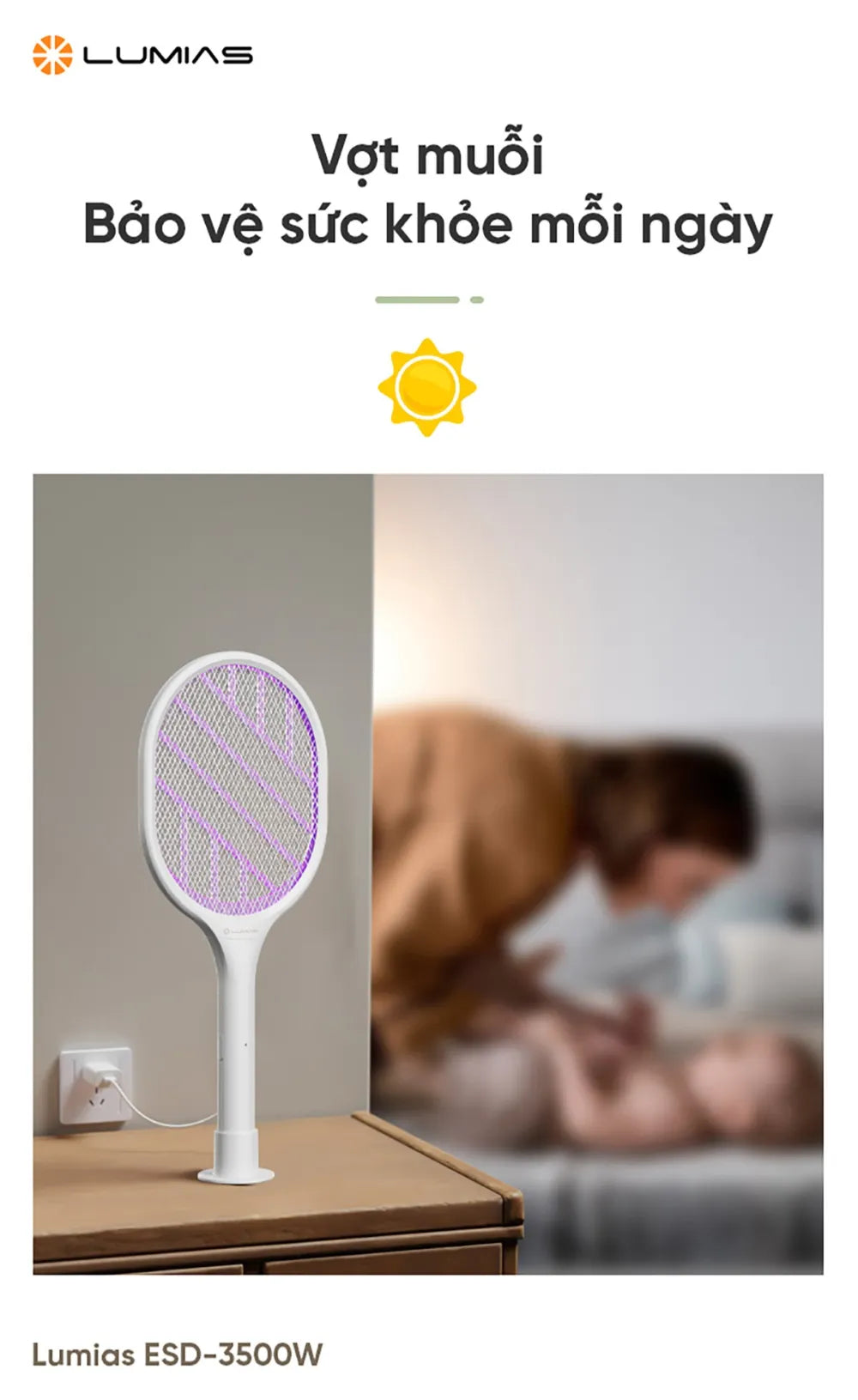 Vợt muỗi Lumias ESD-3500W lưới bảo vệ 5 lớp 