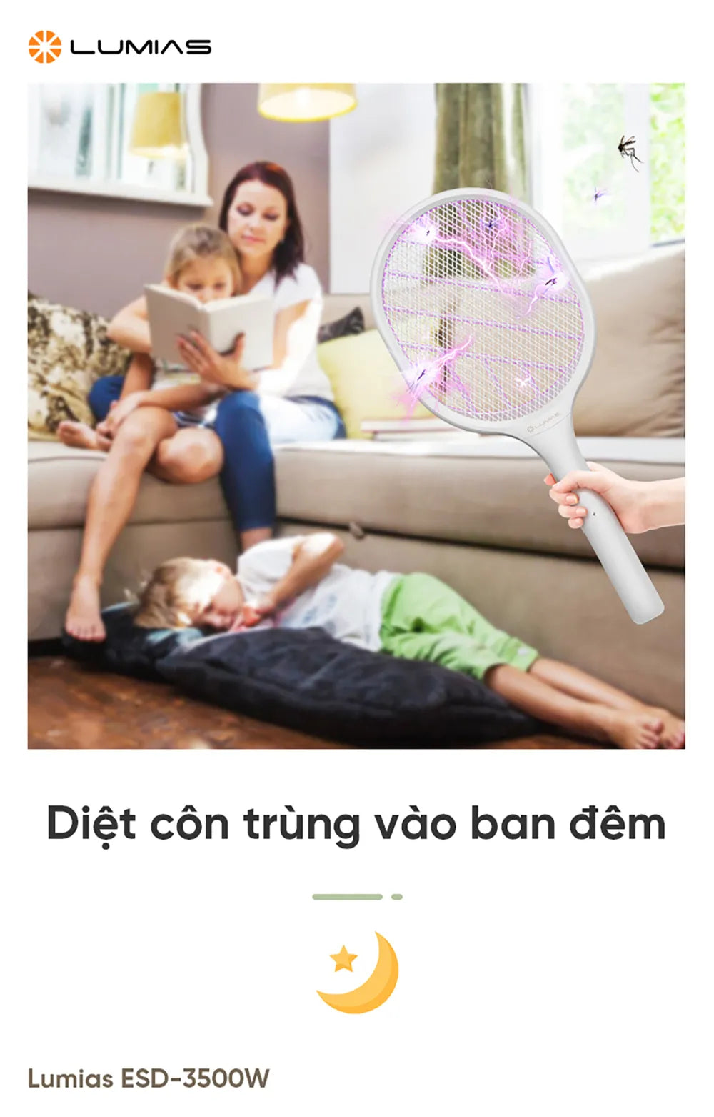 Vợt muỗi Lumias ESD-3500W công tắc an toàn kép