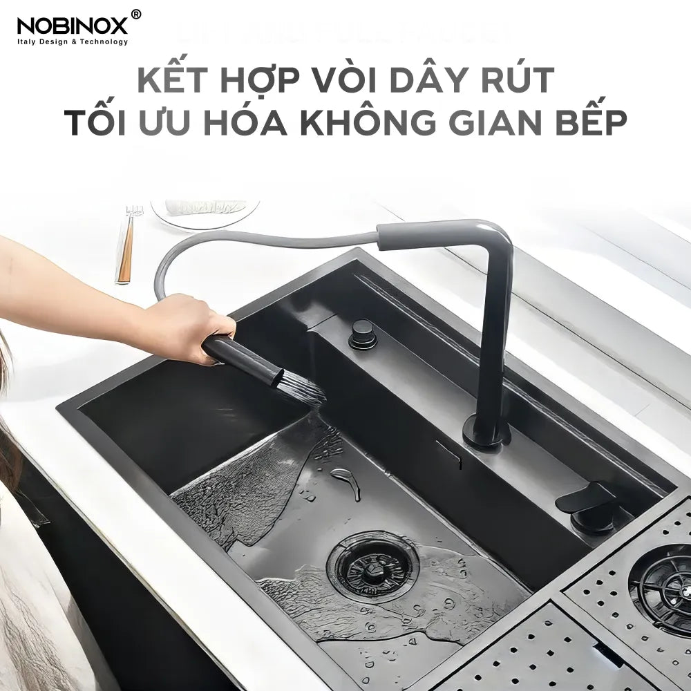 Chậu bếp Nobinox LUMIA PVD đen NJ510B kết hợp dây dút