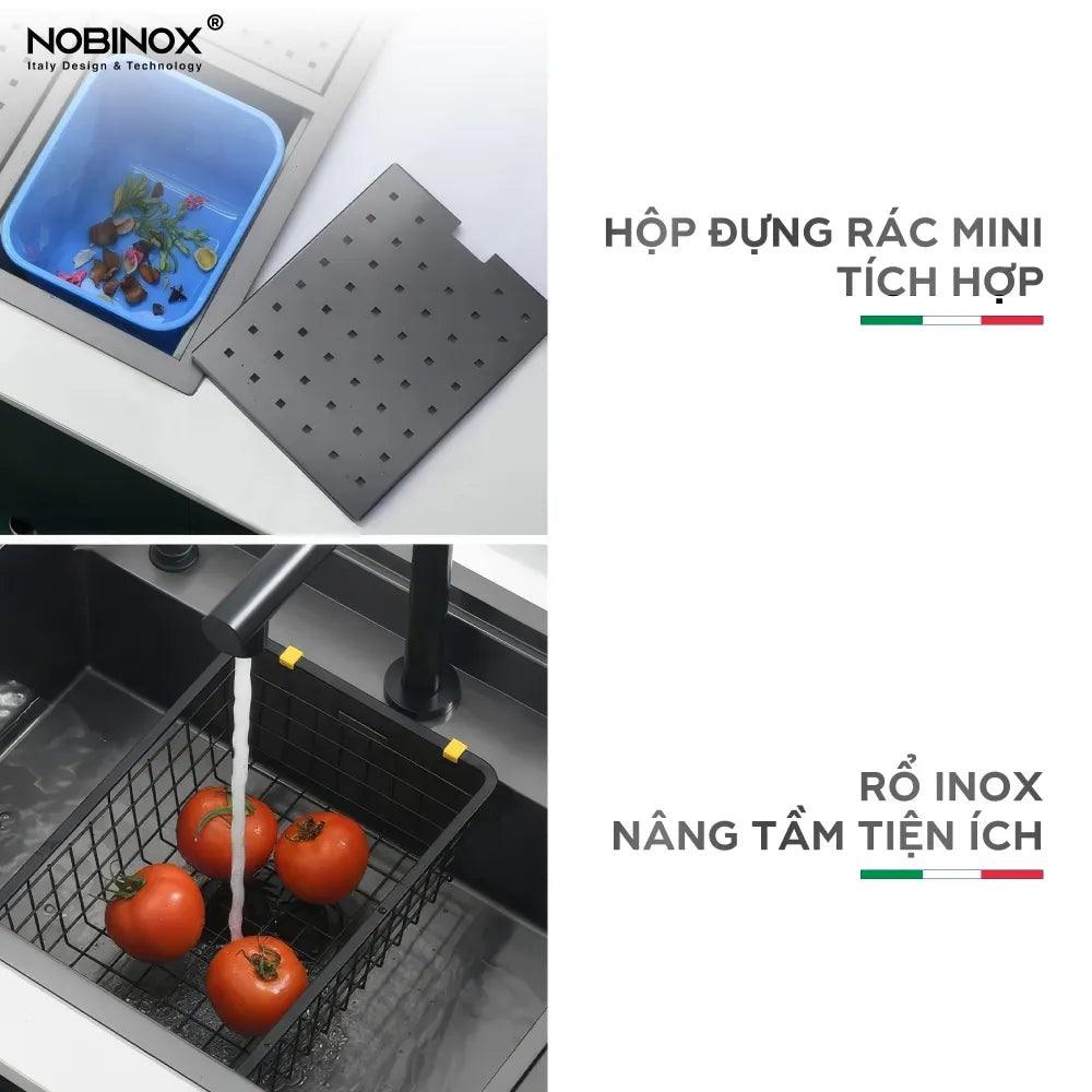 Chậu bếp Nobinox LUMIA PVD đen NJ510B tặng kèm nhiều phụ kiện