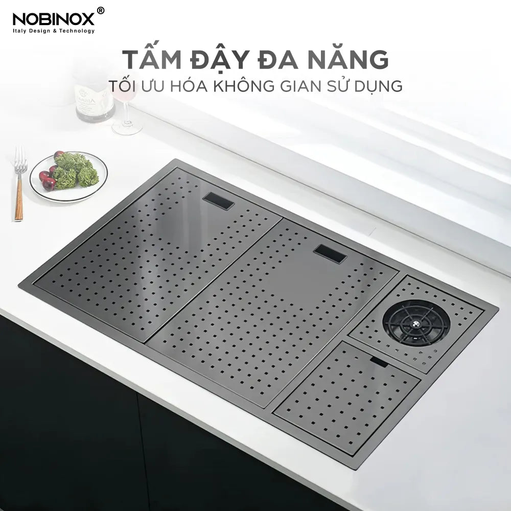 Chậu bếp Nobinox LUMIA PVD đen NJ510B có tấm đậy đa năng