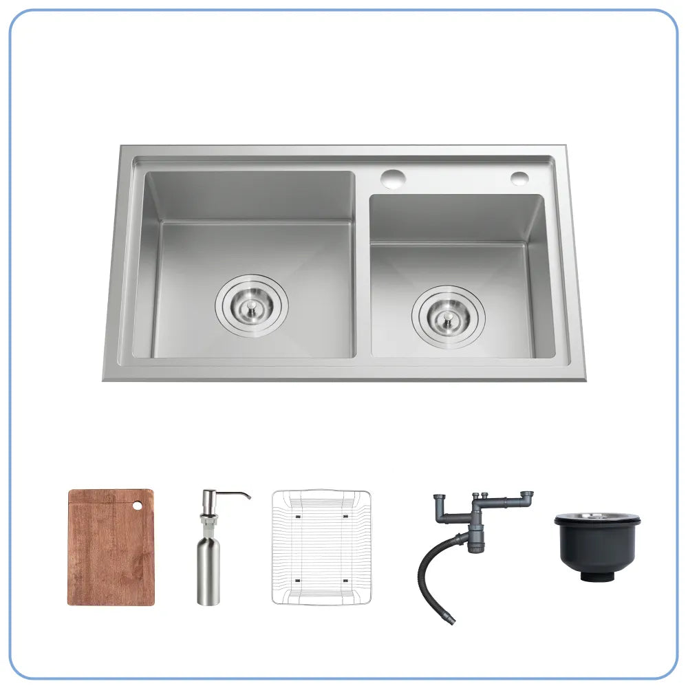 Chậu bếp LIKEN NL786 kèm thớt, rổ và bình nước rửa bát.