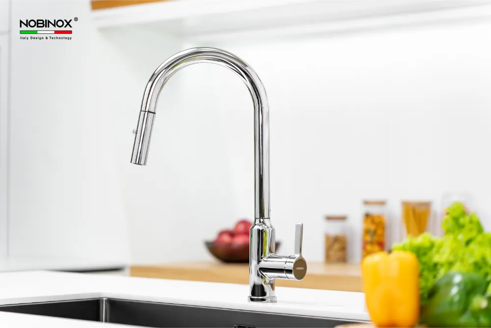 Vòi bếp IVY NX202 dây rút nóng lạnh, inox 304 màu Chrome, cao 450mm, đầu xả 2 chế độ.