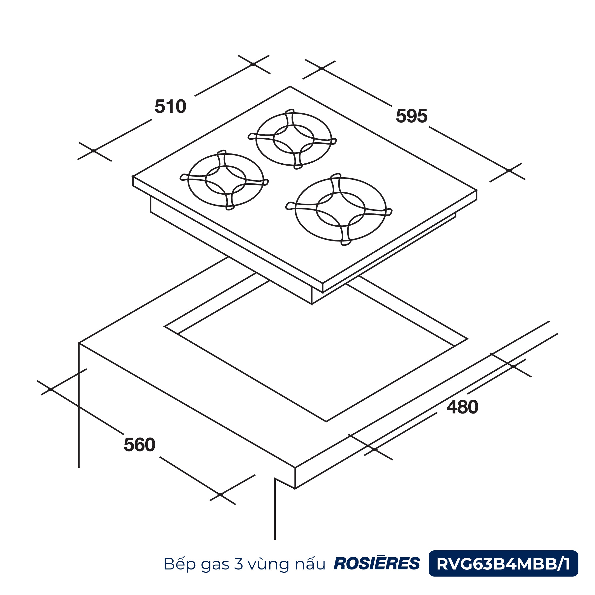 Kích thước Bếp gas 3 vùng nấu Rosières RVG63B4MBB/1