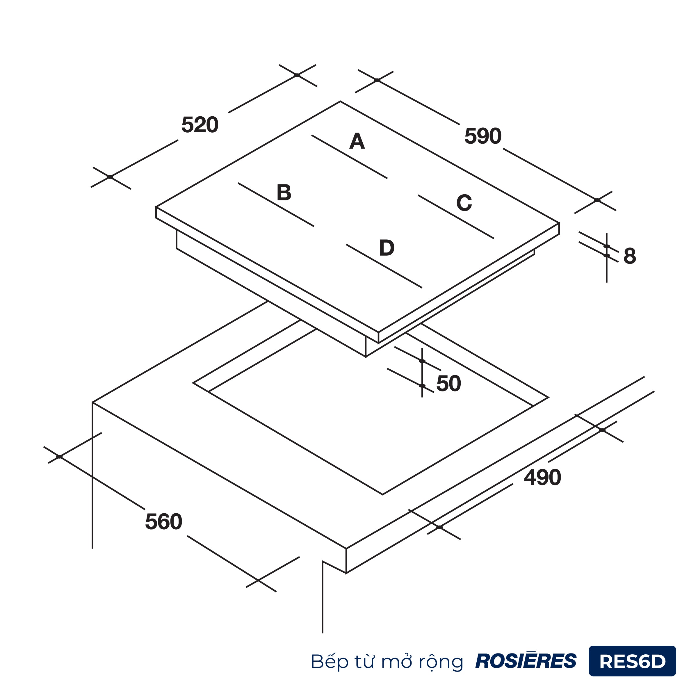 Kích thước bếp từ Rosières RES6D