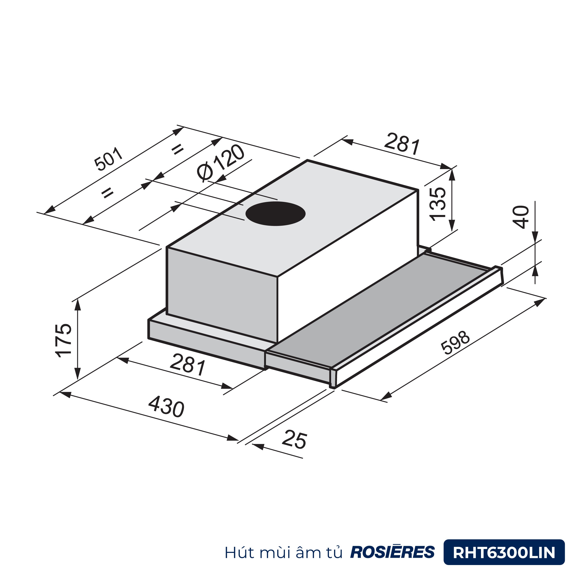 Kích thước Hút mùi âm tủ Rosières RHT6300LIN 60cm