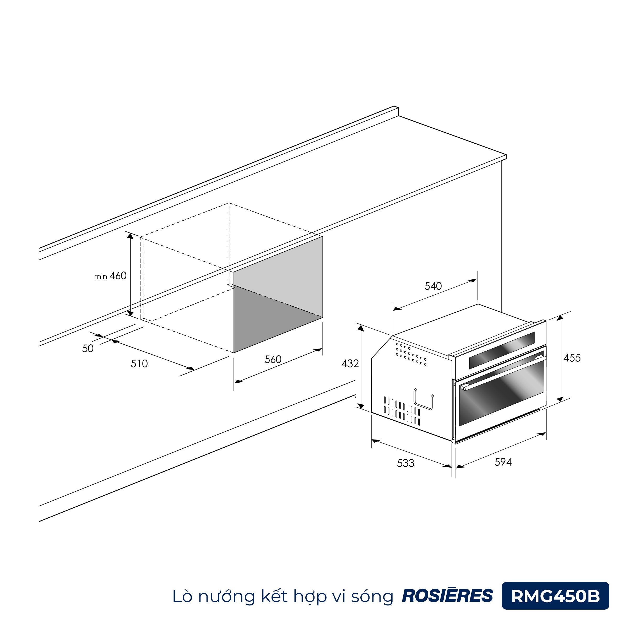 Kích thước Lò nướng kết hợp vi sóng Rosières RMG450B